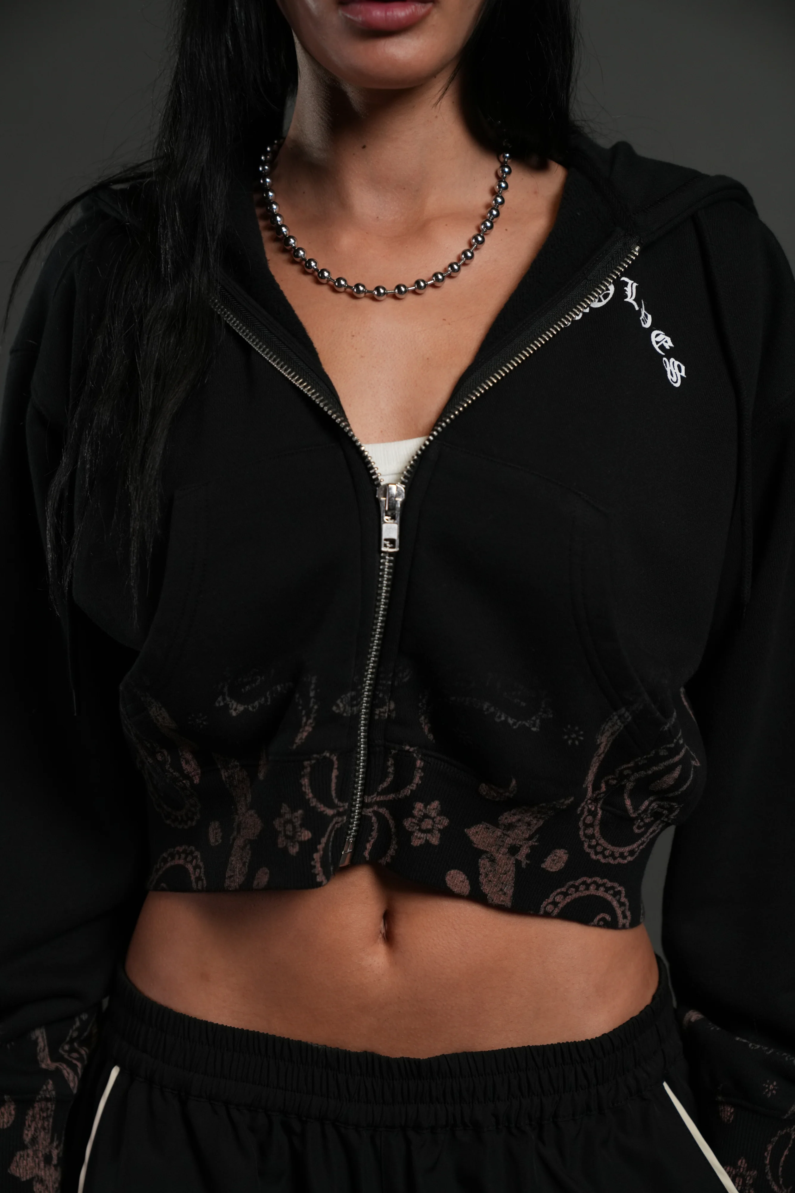 Faded Paisley "Sage" Cropped Zip Hoodie in Black - Image 3