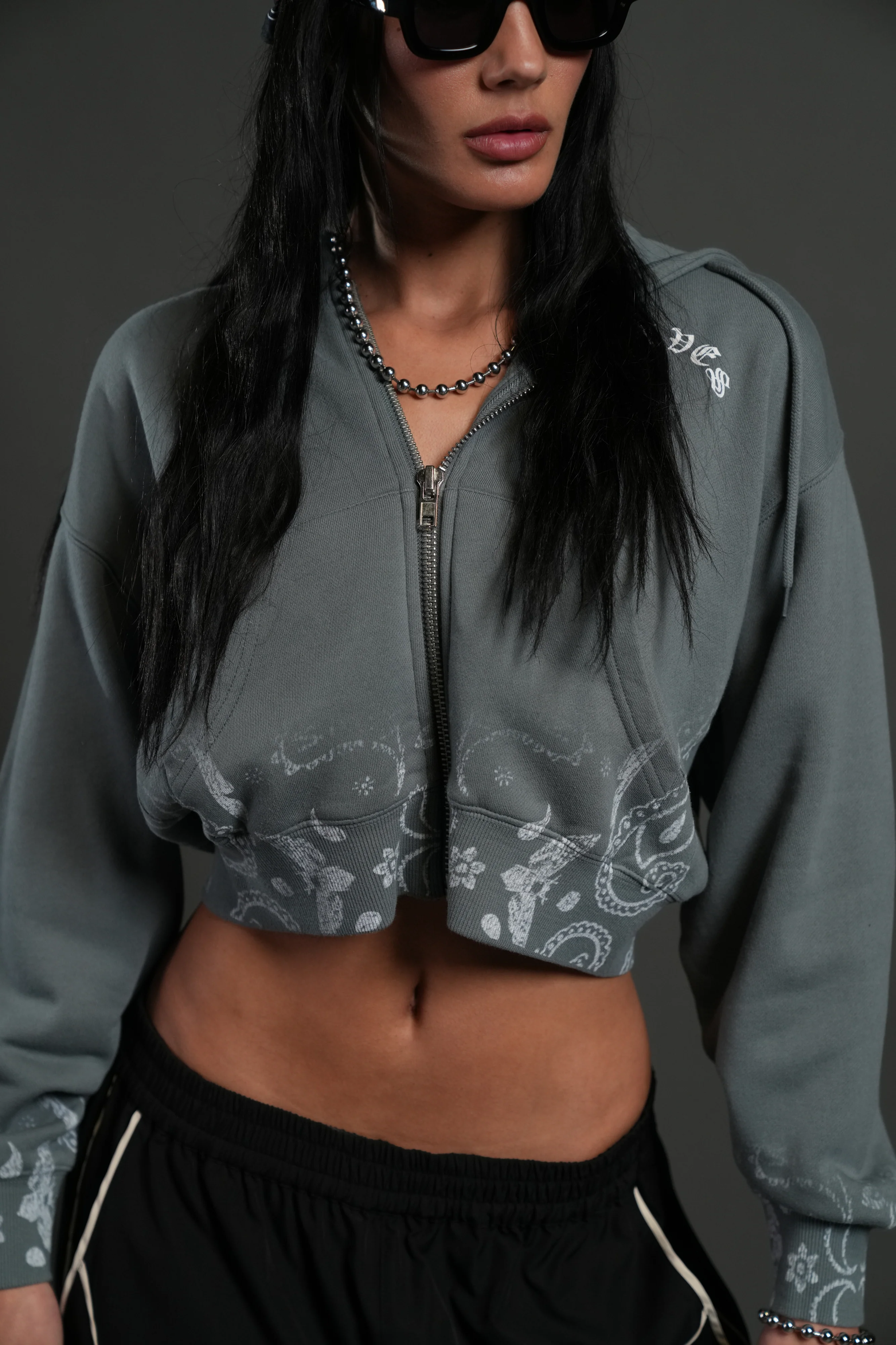Faded Paisley "Sage" Cropped Zip Hoodie in Greek Stone - Image 3