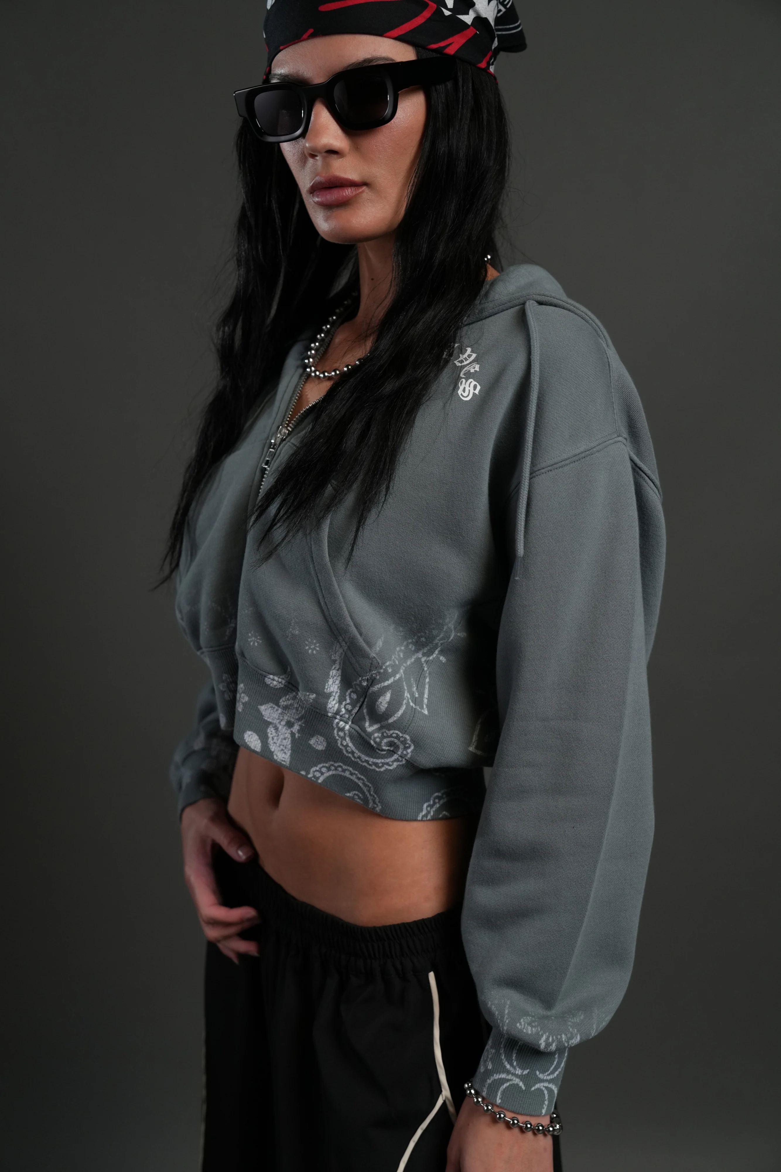 Faded Paisley "Sage" Cropped Zip Hoodie in Greek Stone - Image 4