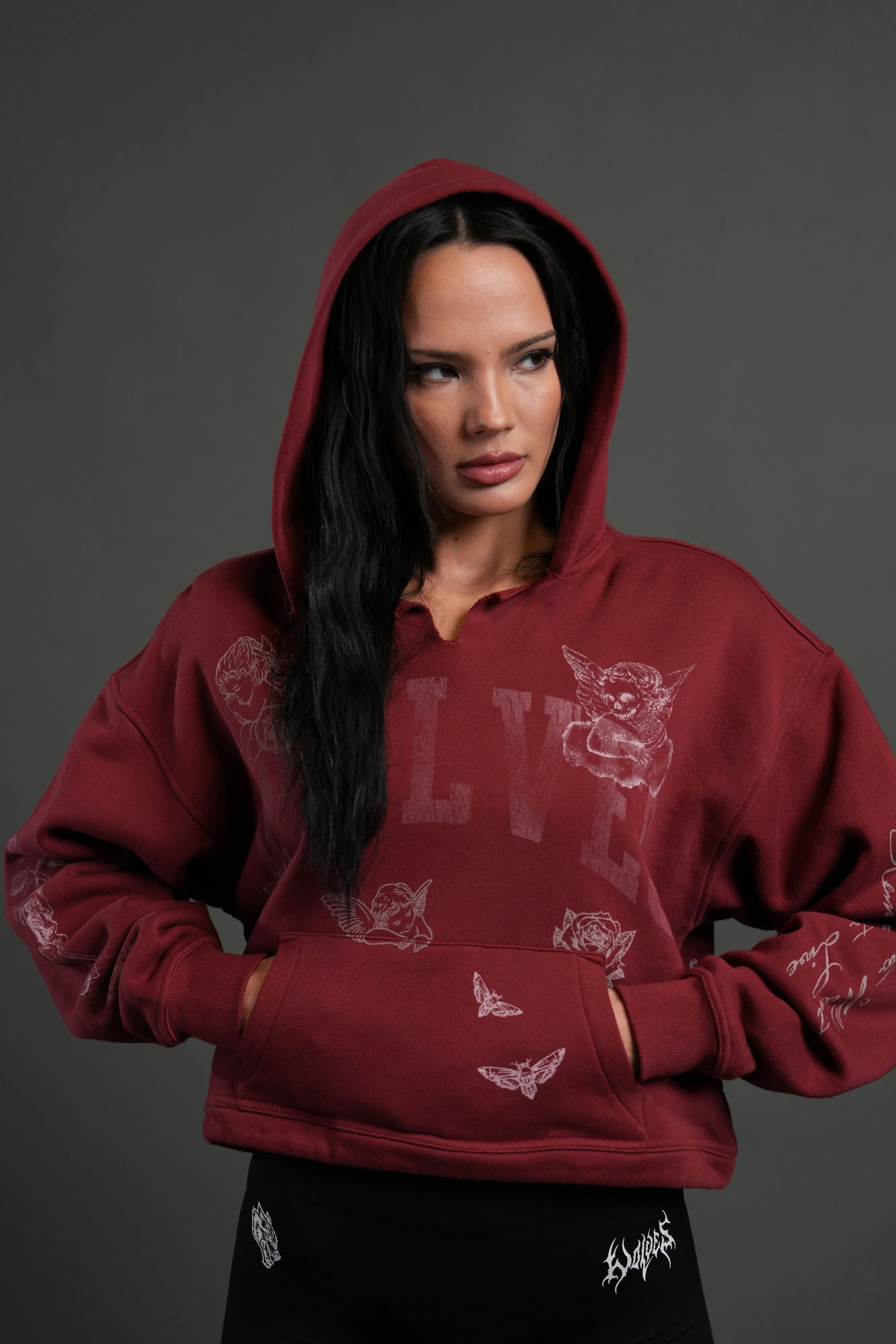 Fallen Cherub "Dempsey" (Cropped) Hoodie in Cherry Red - Image 5