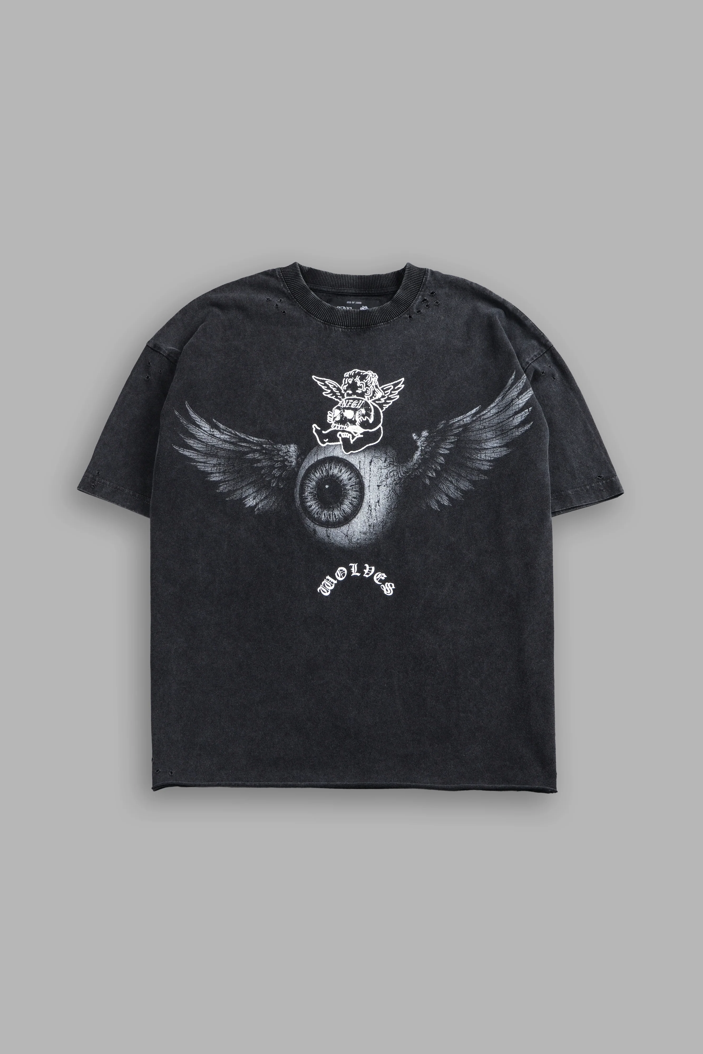 Flight Club Distressed Grunge Mid-Length Raw Hem Tee in Black