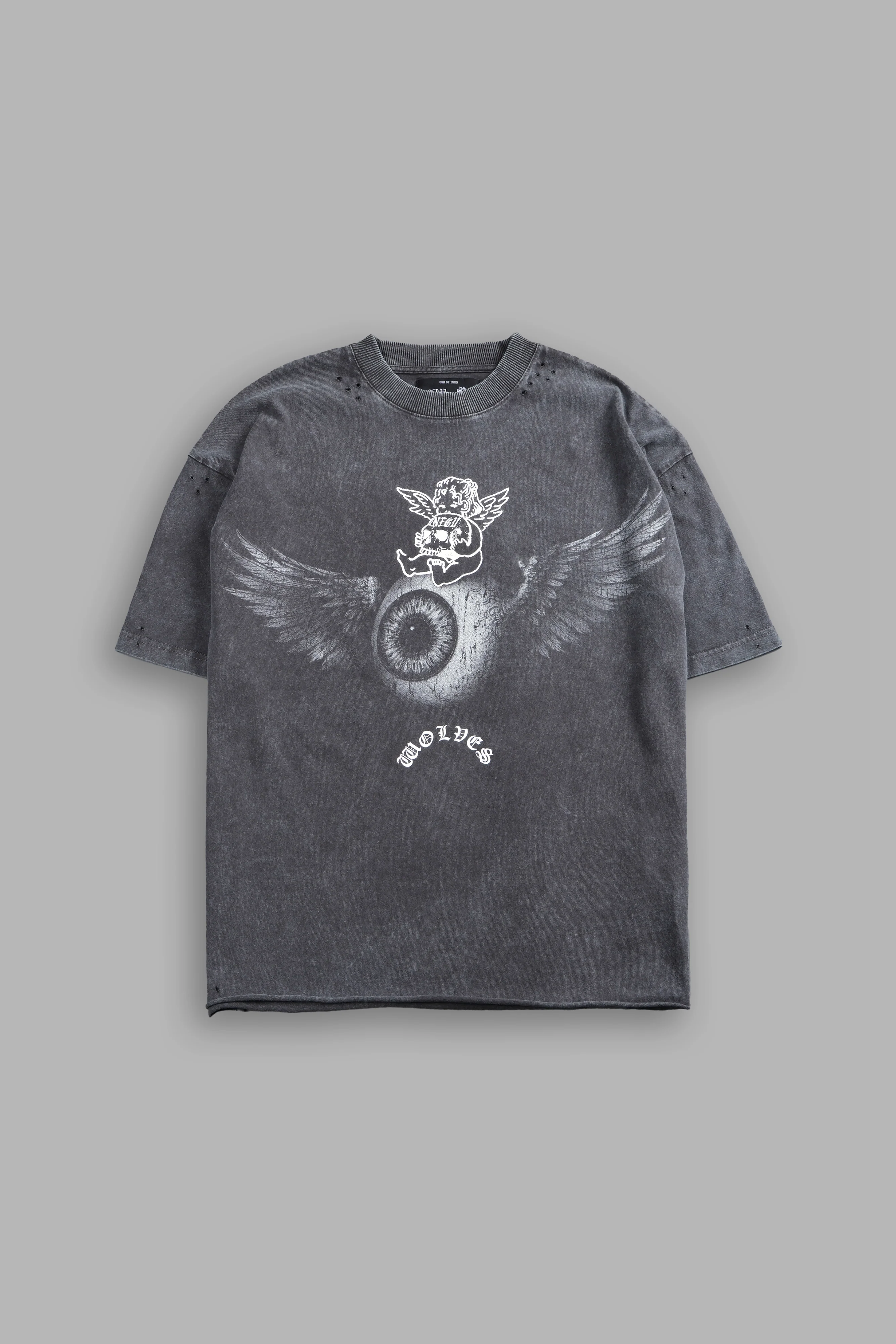 Flight Club Distressed Grunge Mid-Length Raw Hem Tee in Wolf Gray