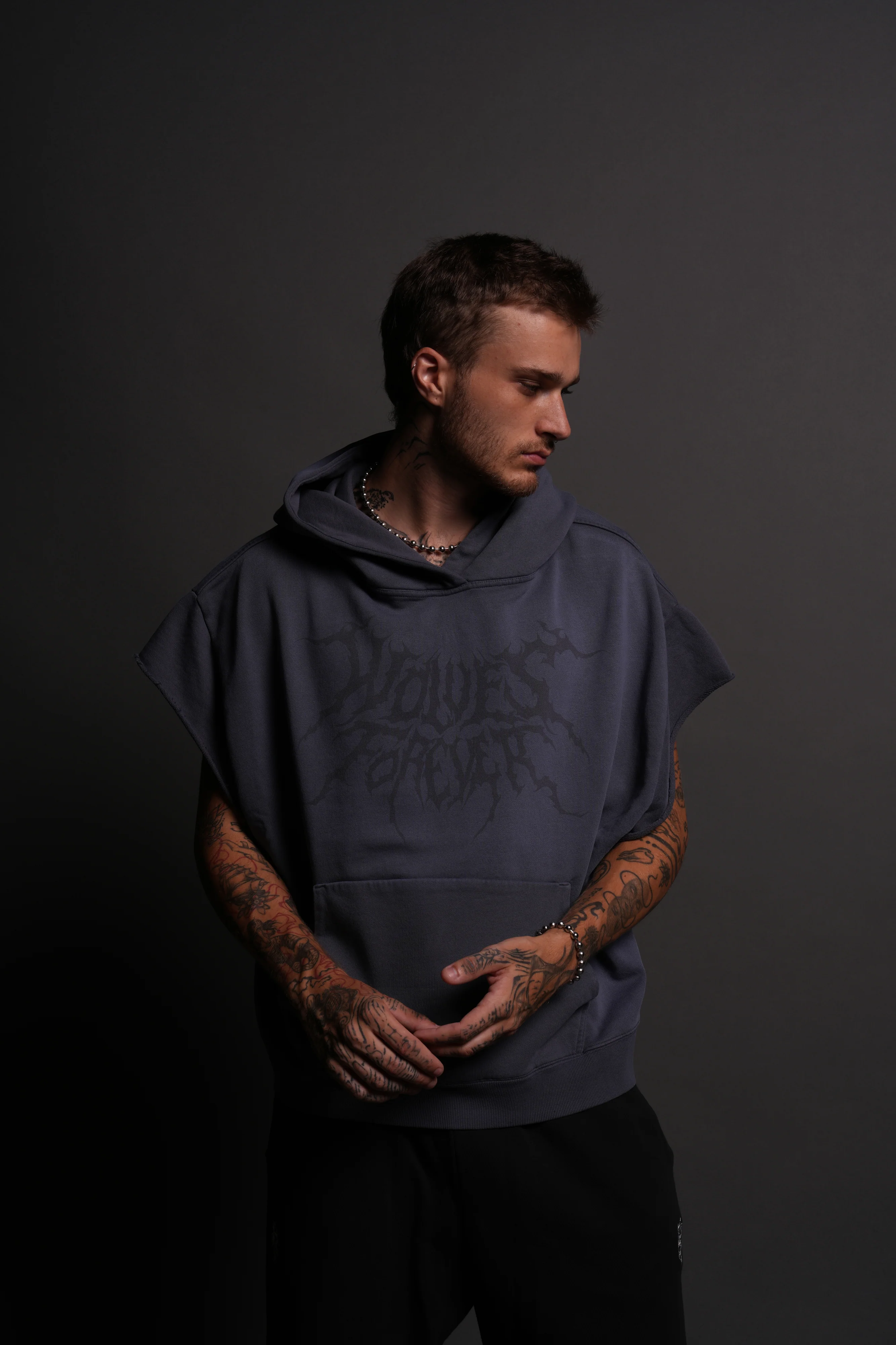 Forged From Iron Grunge Gage Cap Sleeve Hoodie in Midnight Blue Horizon Sun Fade - Image 2