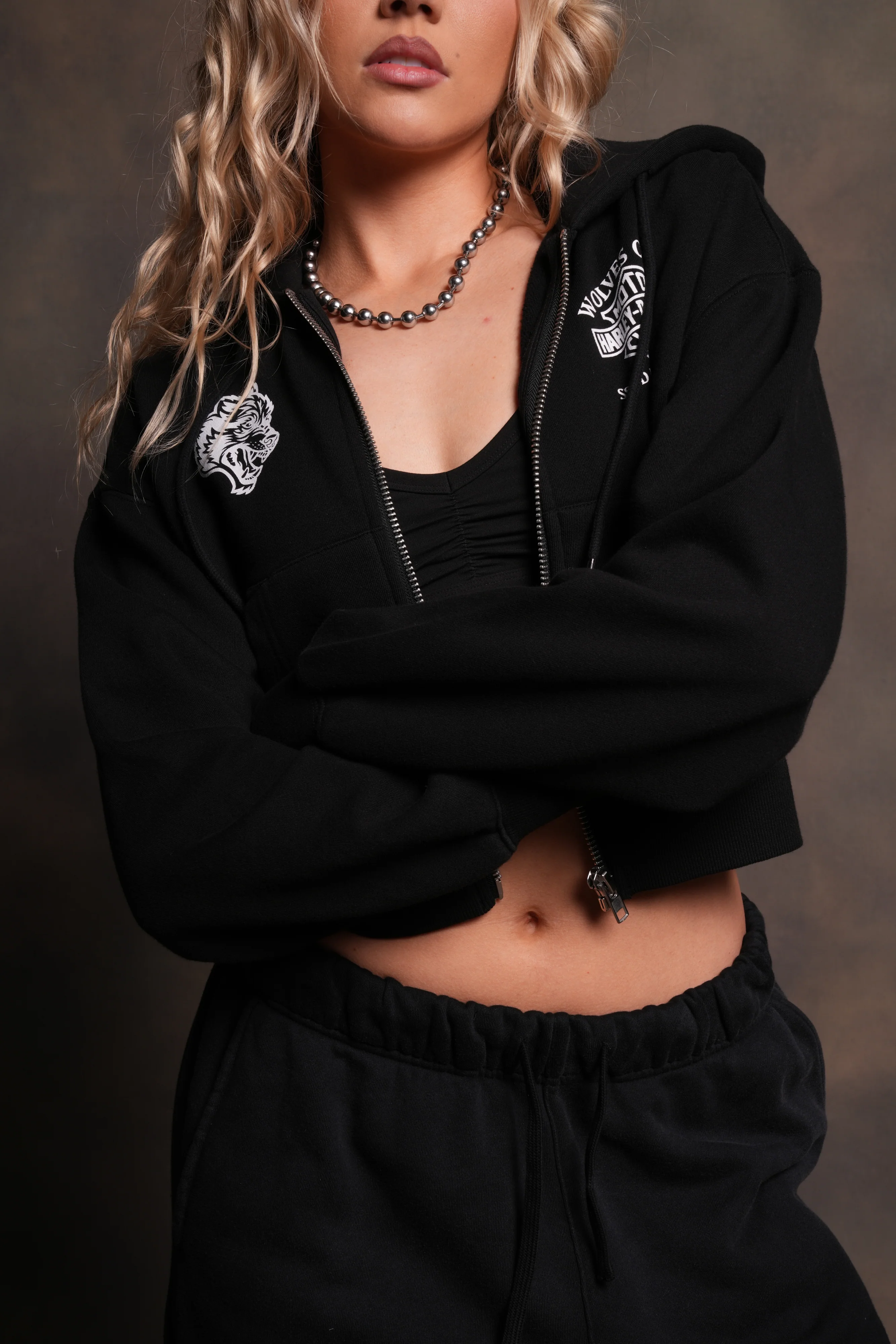 Harley-Davidson Wolves Club "Sage" Cropped Zip Hoodie in Black - Image 4