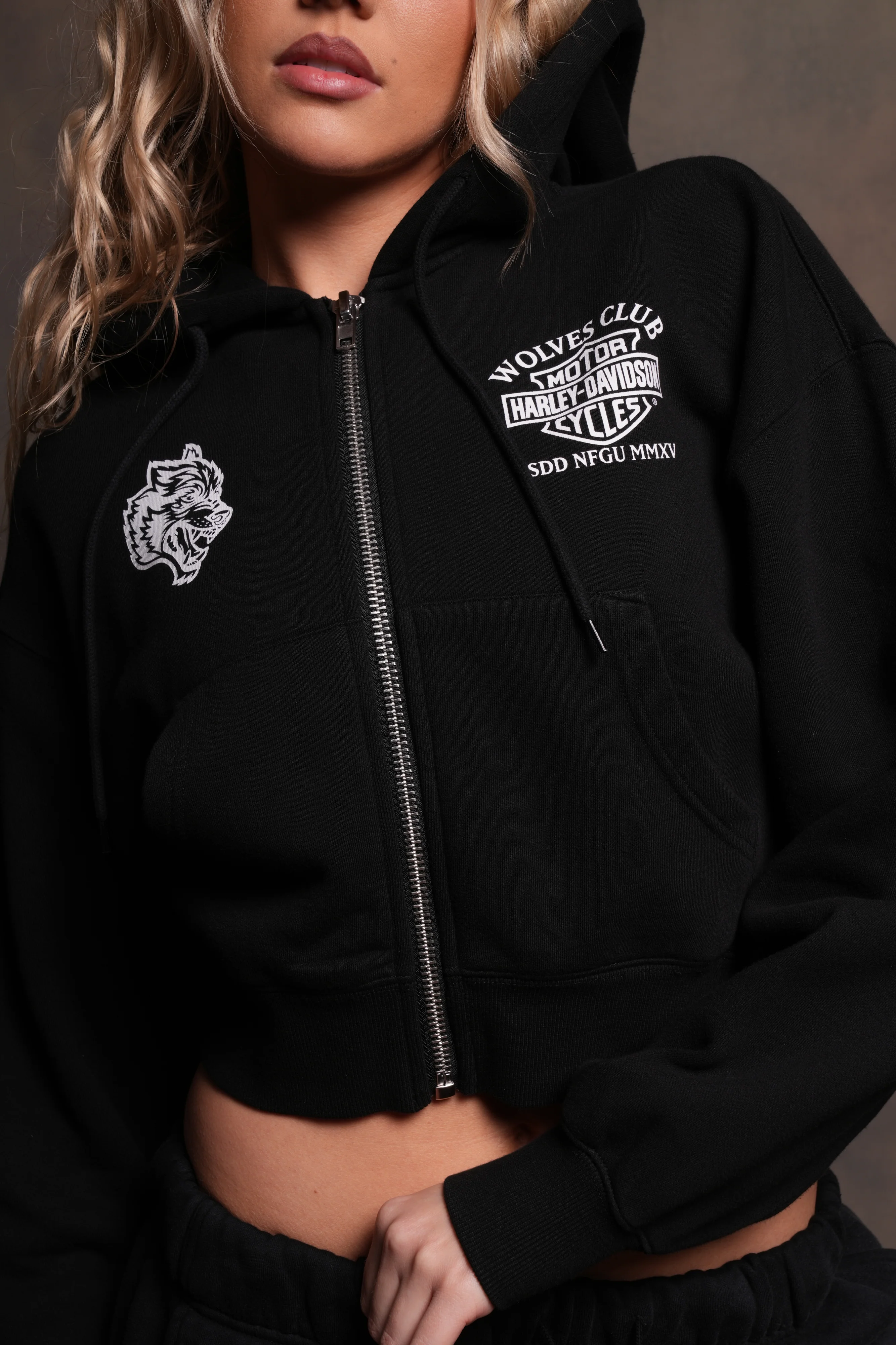 Harley-Davidson Wolves Club "Sage" Cropped Zip Hoodie in Black - Image 5