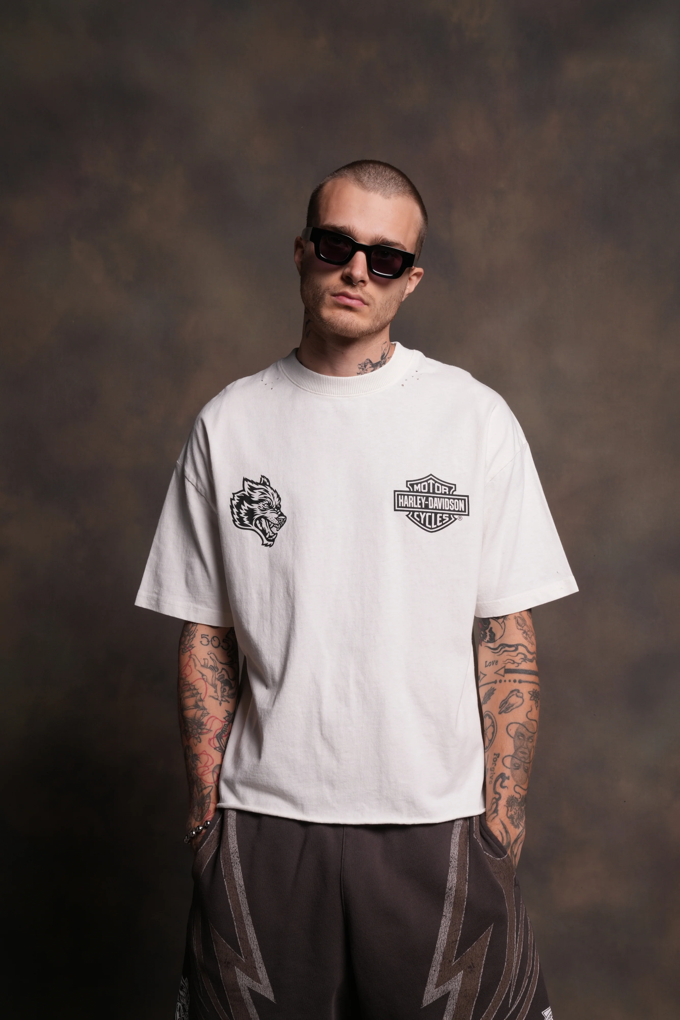 Harley-Davidson Wolves Distressed Grunge Mid-Length Raw Hem Tee in Cream - Image 2