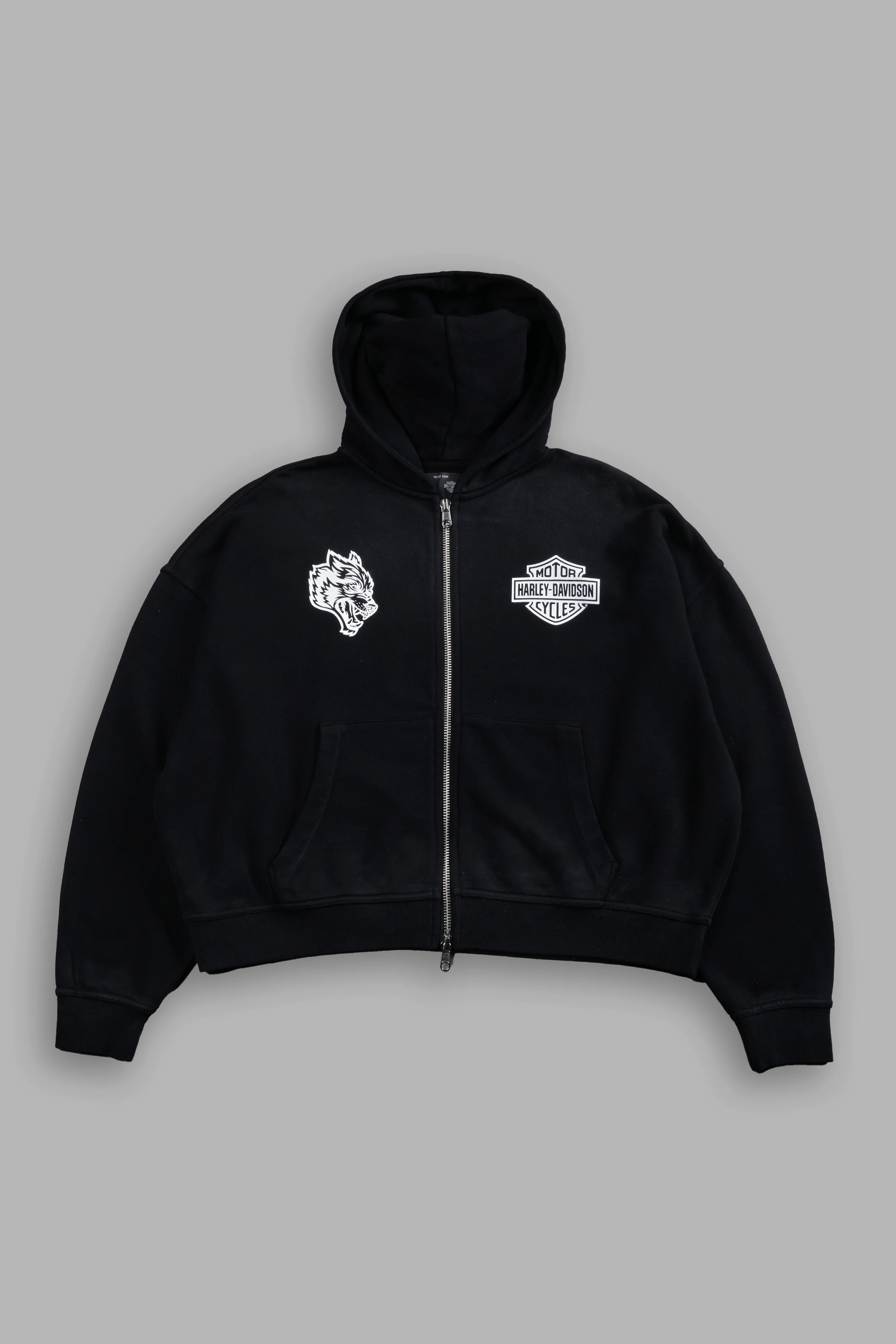 Harley-Davidson Wolves Vex Double Zip Hoodie in Black Drift Wash - Image 3