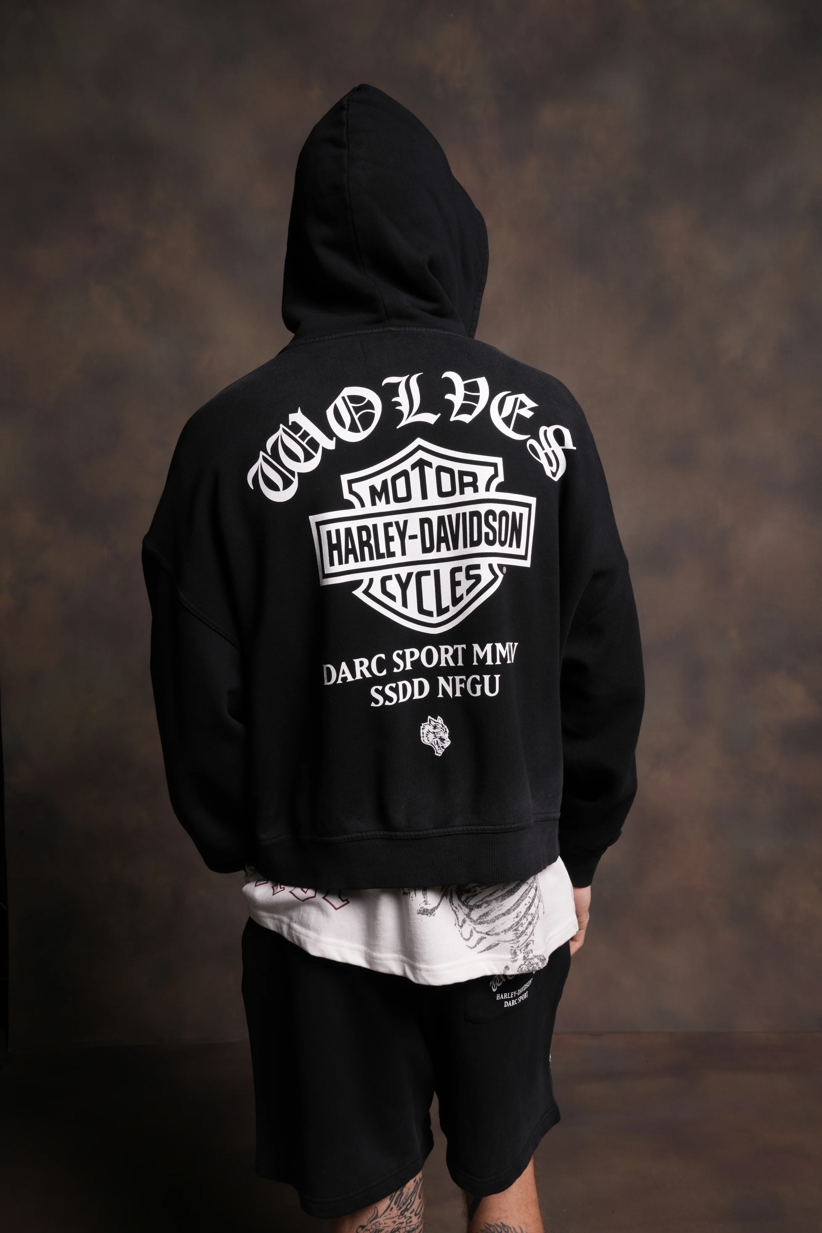 Harley-Davidson Wolves Vex Double Zip Hoodie in Black Drift Wash - Image 4