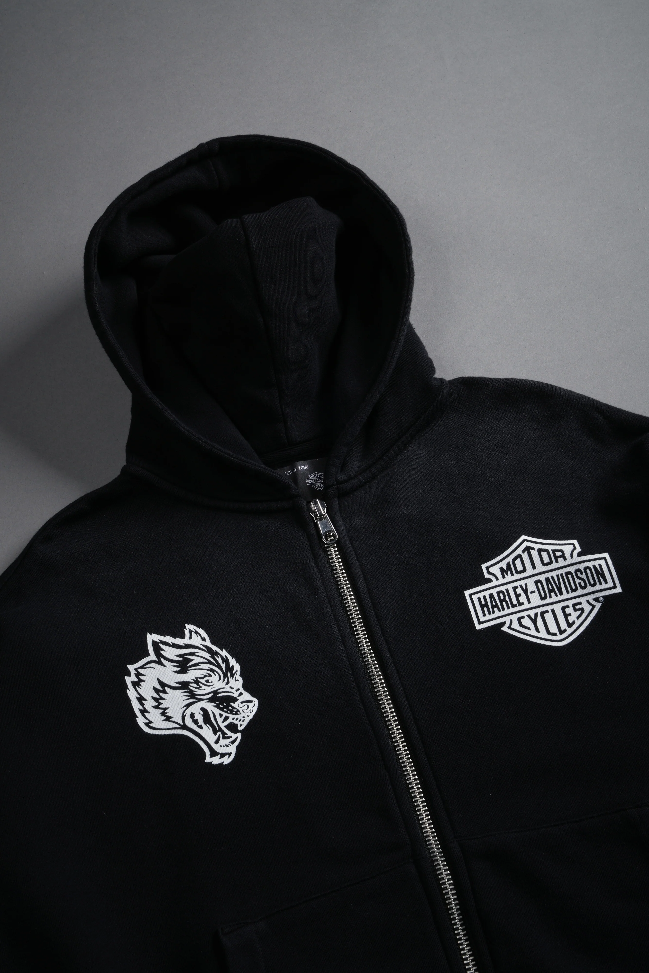 Harley-Davidson Wolves Vex Double Zip Hoodie in Black Drift Wash - Image 9