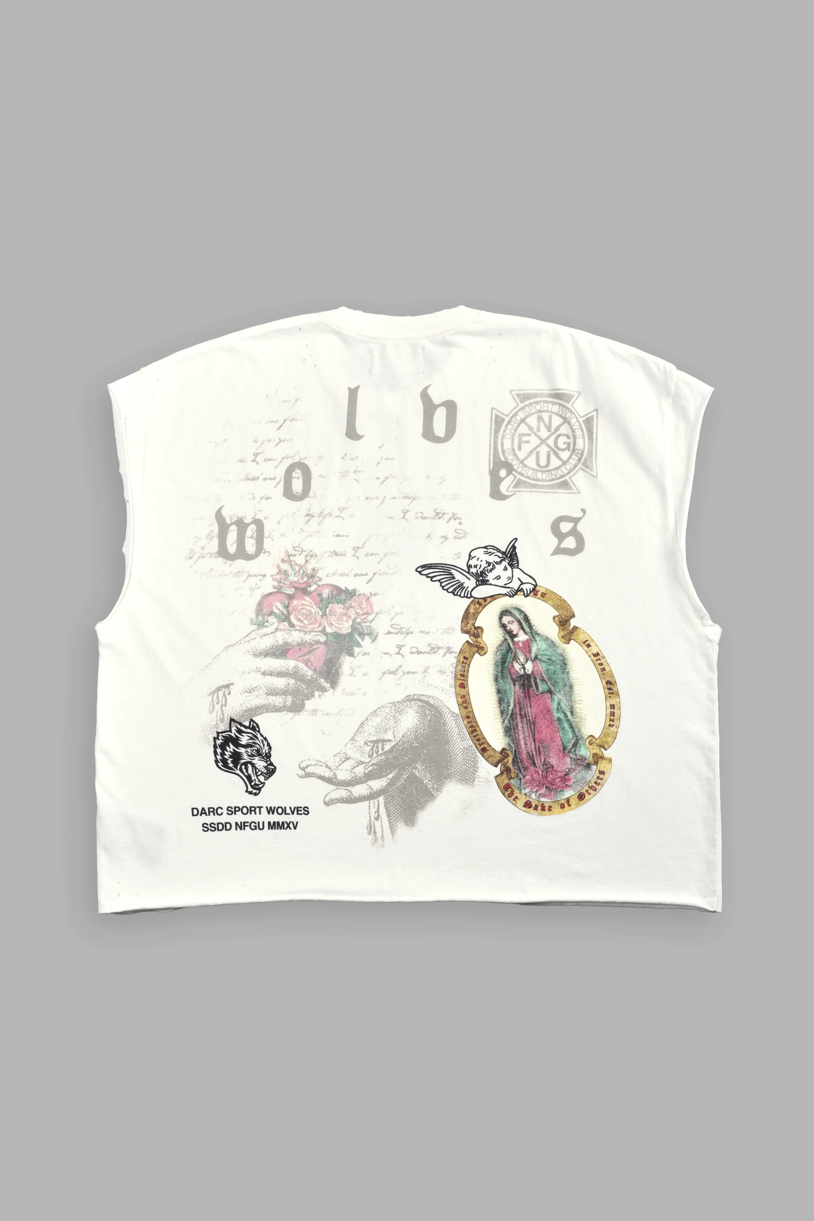 Holy Vow Distressed Grunge Cut-Off Mid-Length Raw Hem Tee in Cream
