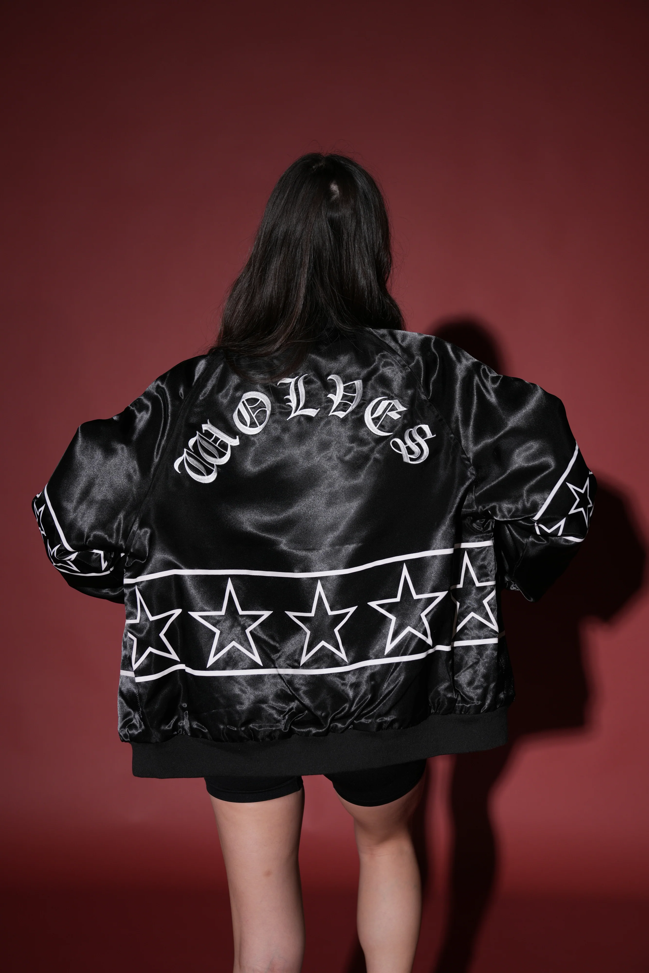 In The Stars Satin Bomber Zip Jacket in Black/White - Image 3