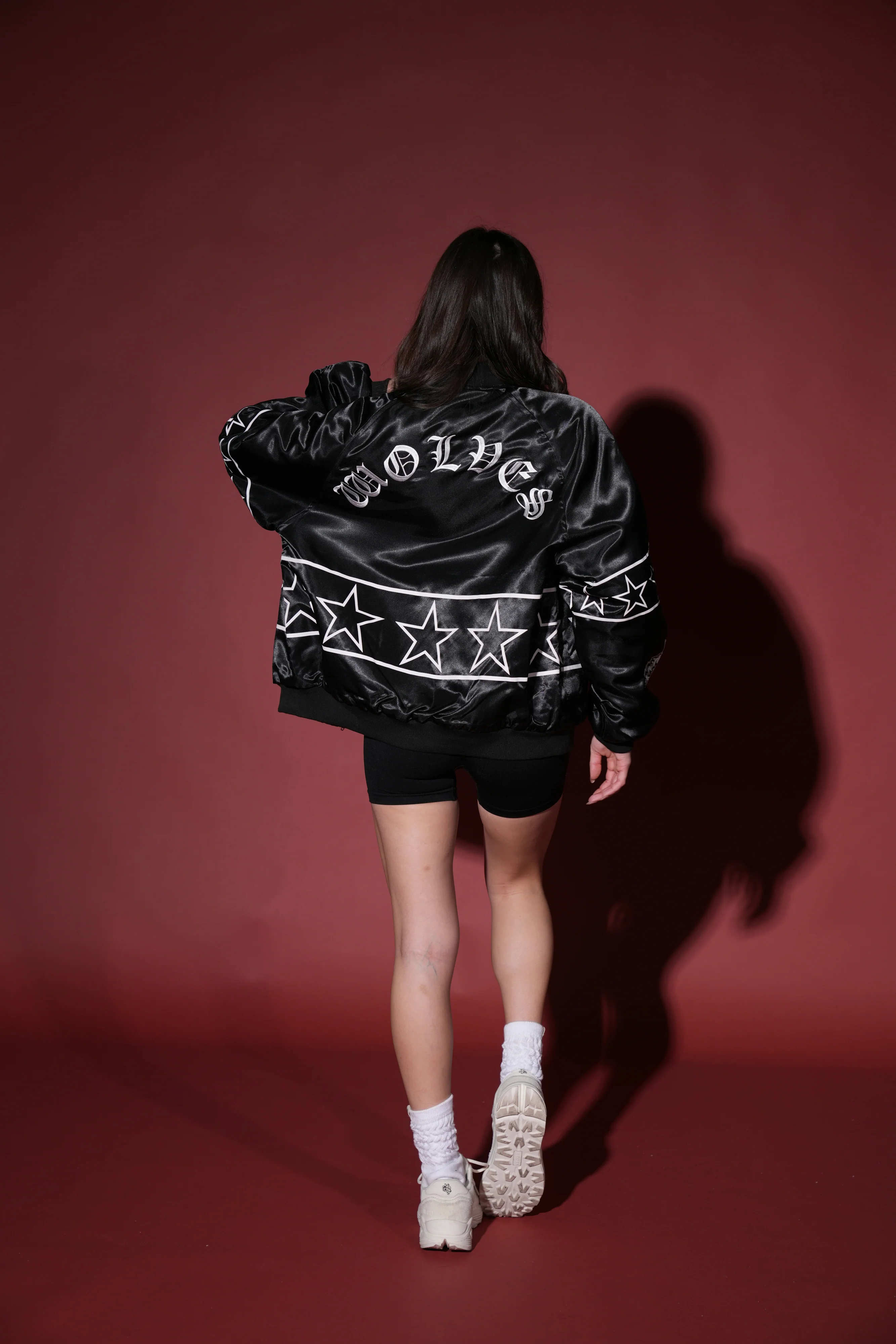 In The Stars Satin Bomber Zip Jacket in Black/White - Image 5