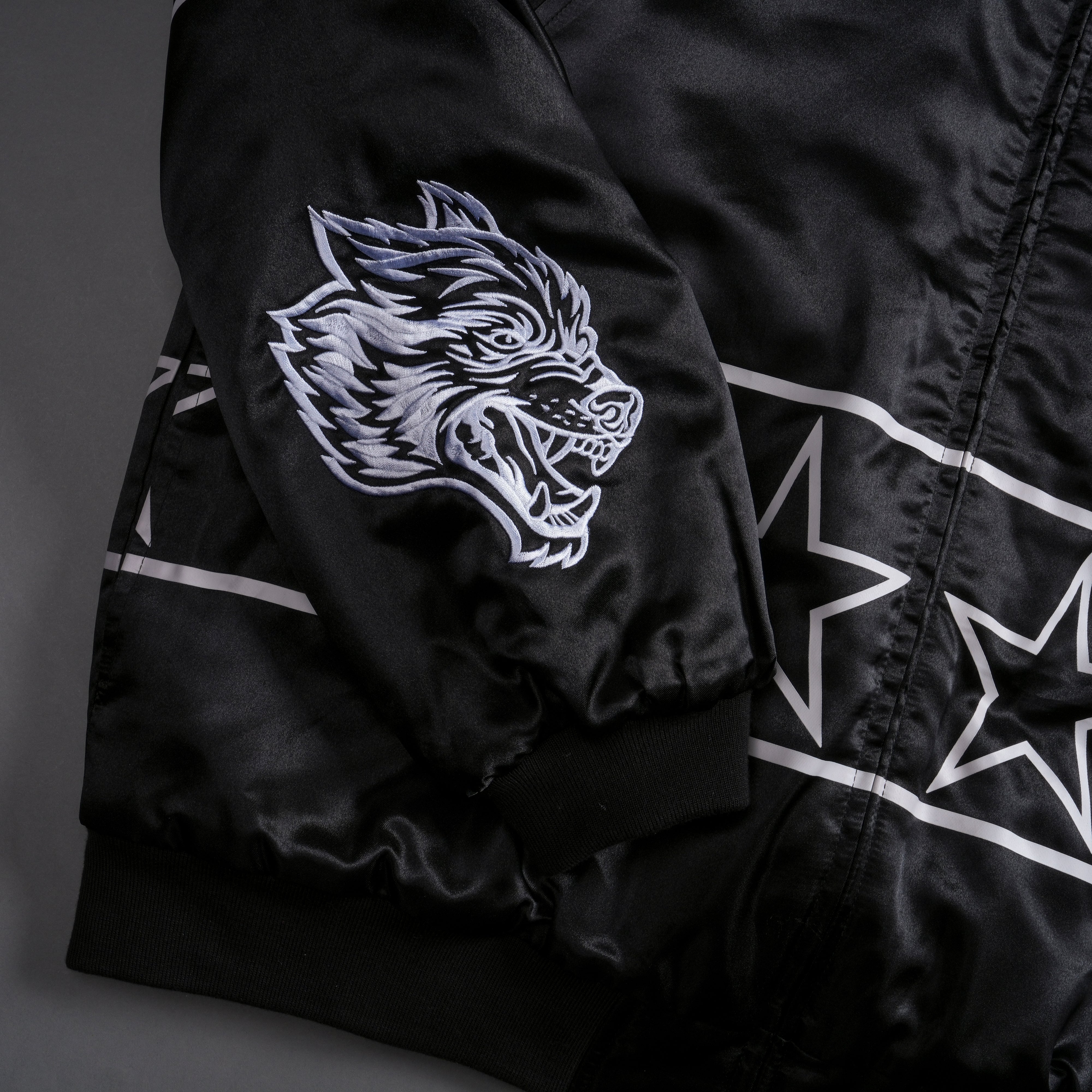 In The Stars Satin Bomber Zip Jacket in Black/White - Image 7