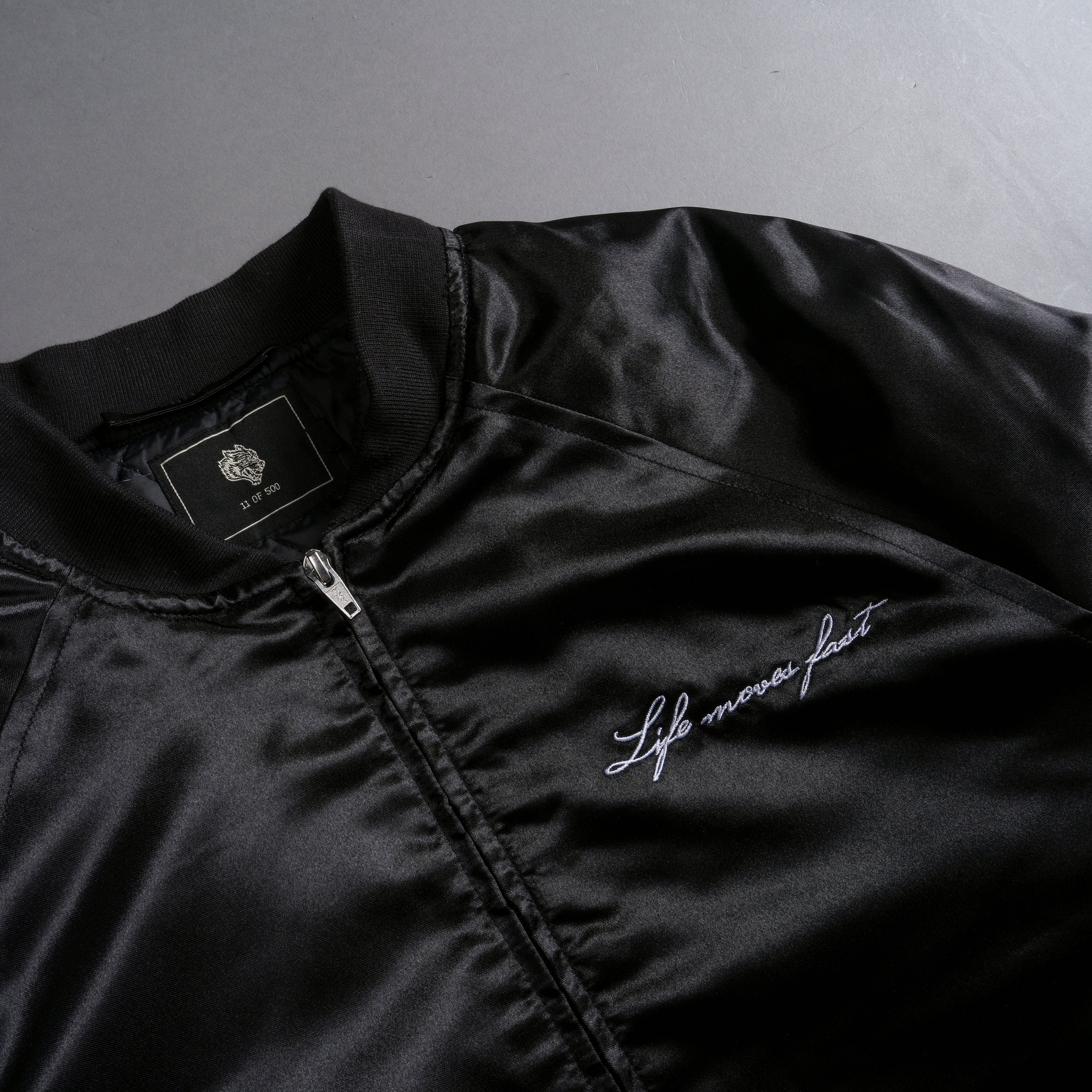 In The Stars Satin Bomber Zip Jacket in Black/White - Image 8