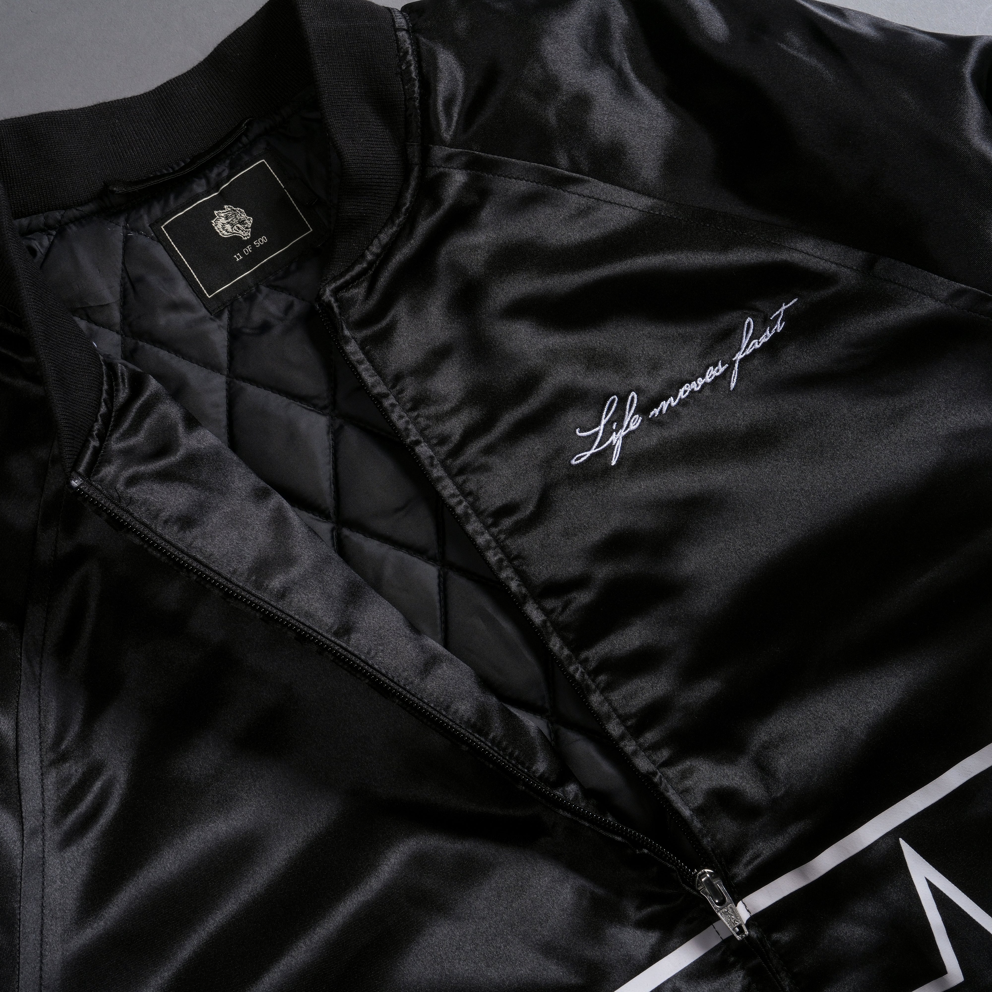 In The Stars Satin Bomber Zip Jacket in Black/White - Image 9