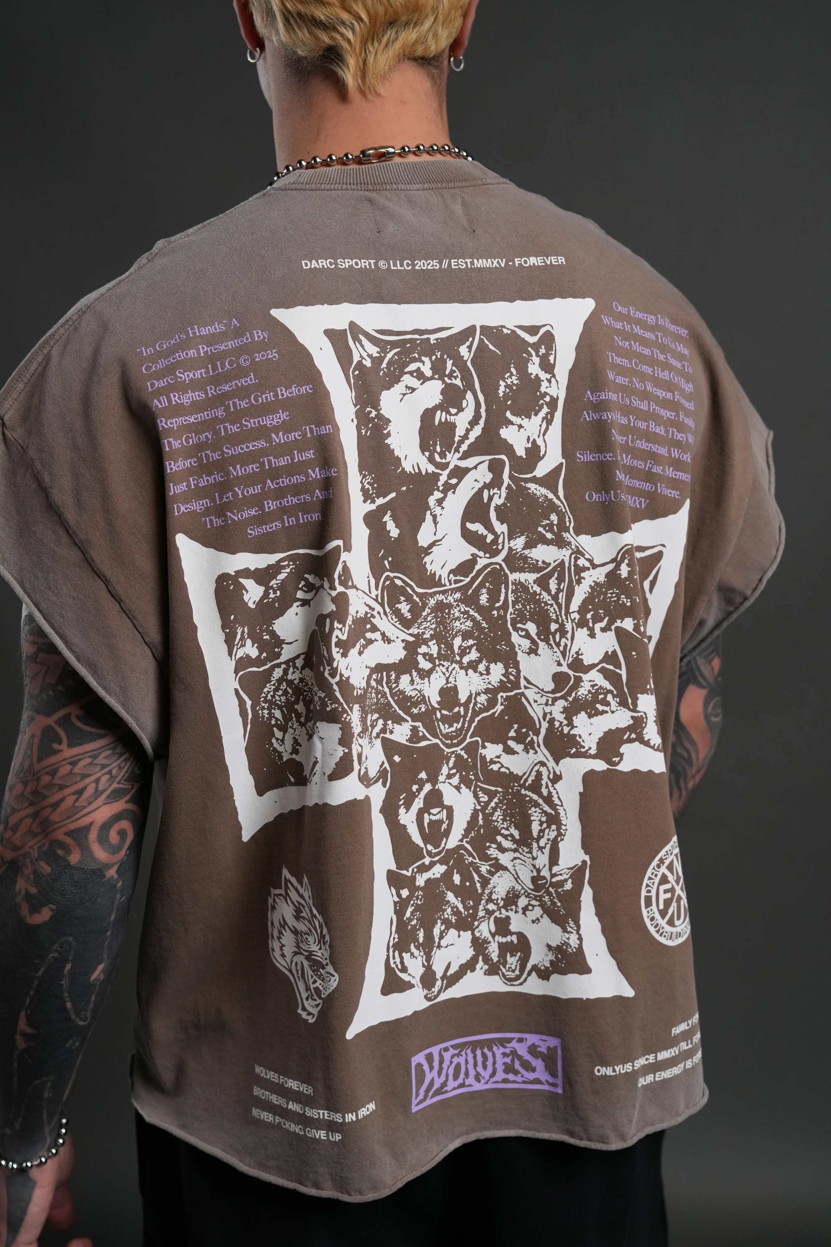 Iron Wolf Pack Grunge Cut-Off Tee in Mojave Brown - Image 5