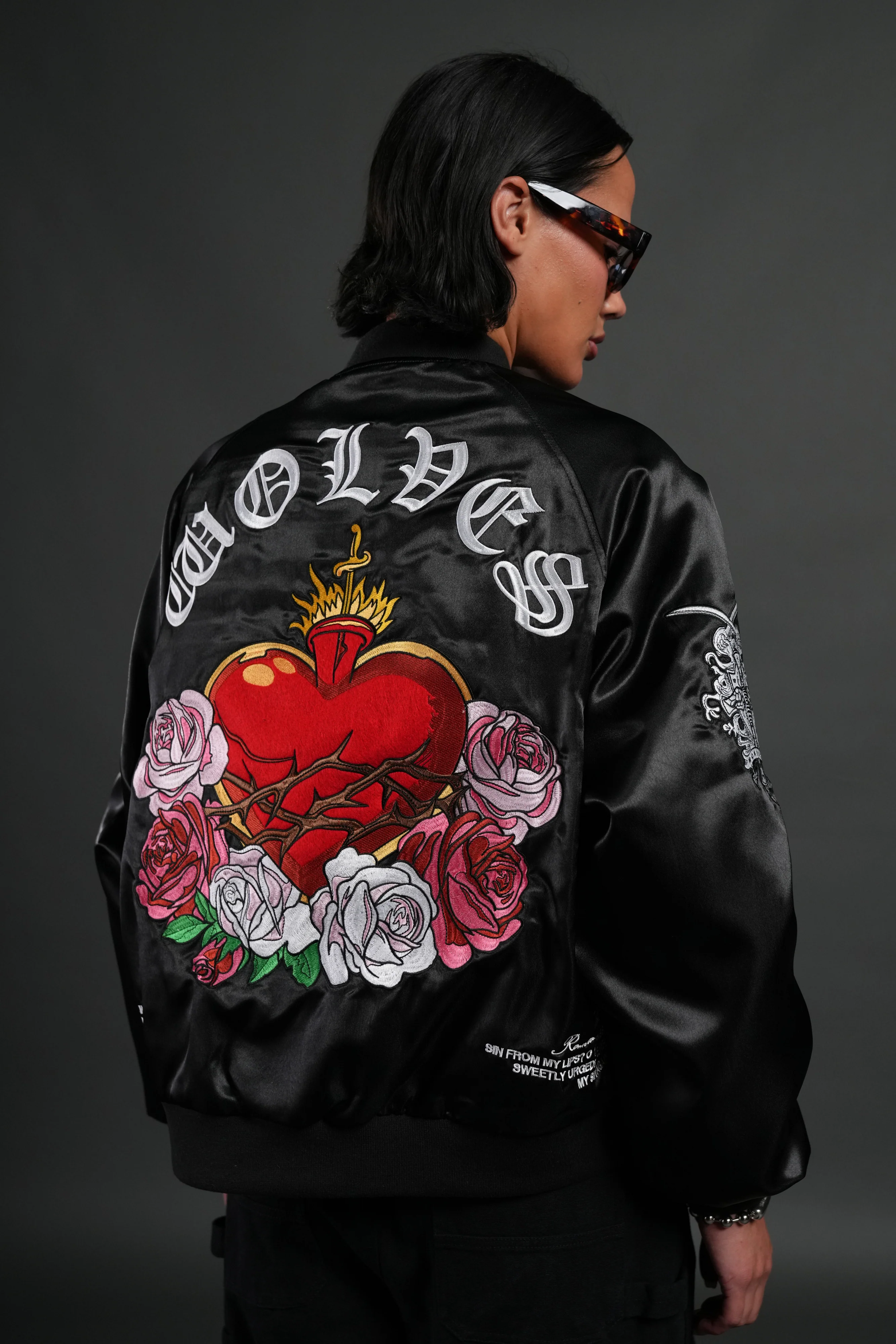 Last Love Unisex Cropped Satin Bomber Jacket in Black - Image 10