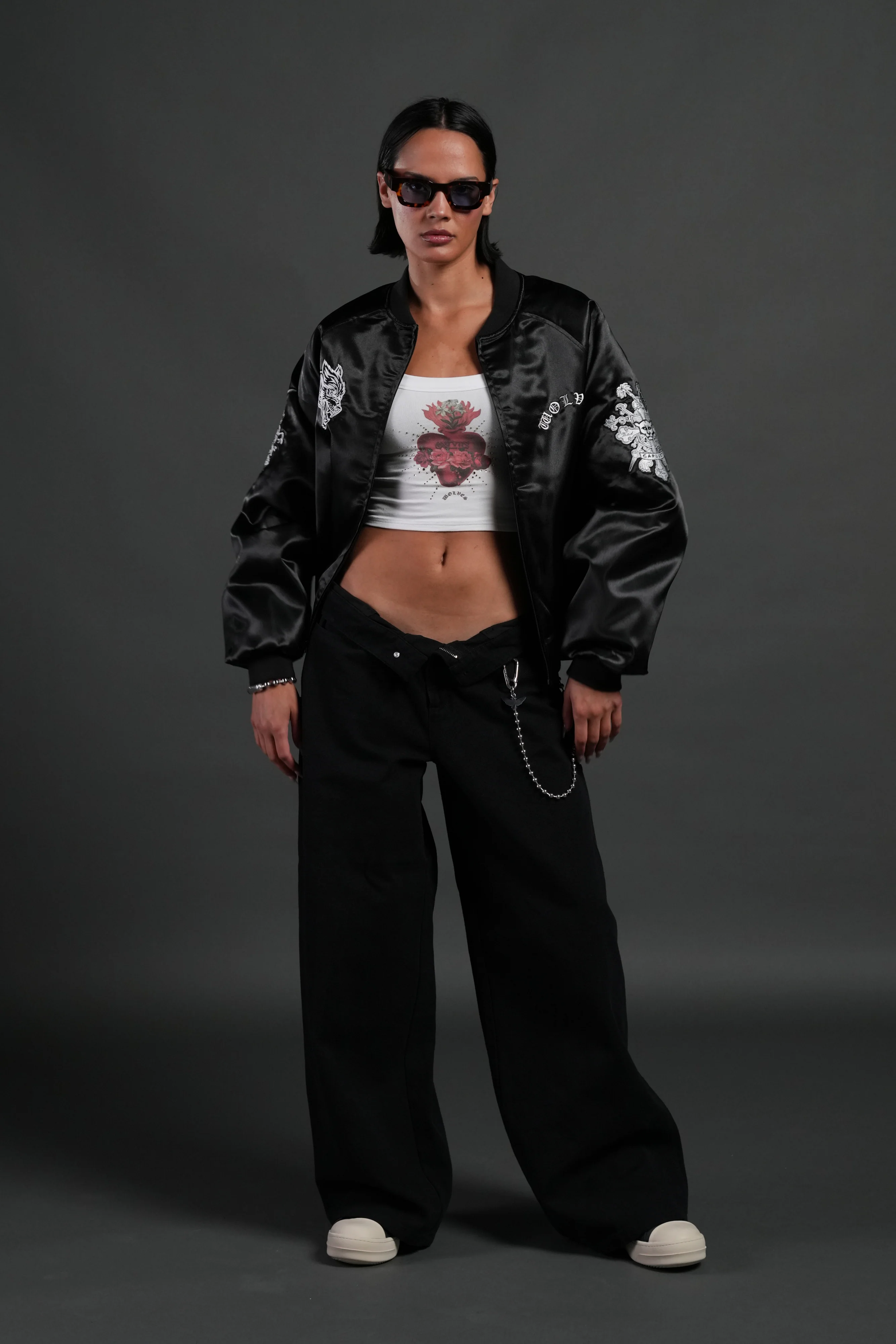 Last Love Unisex Cropped Satin Bomber Jacket in Black - Image 11