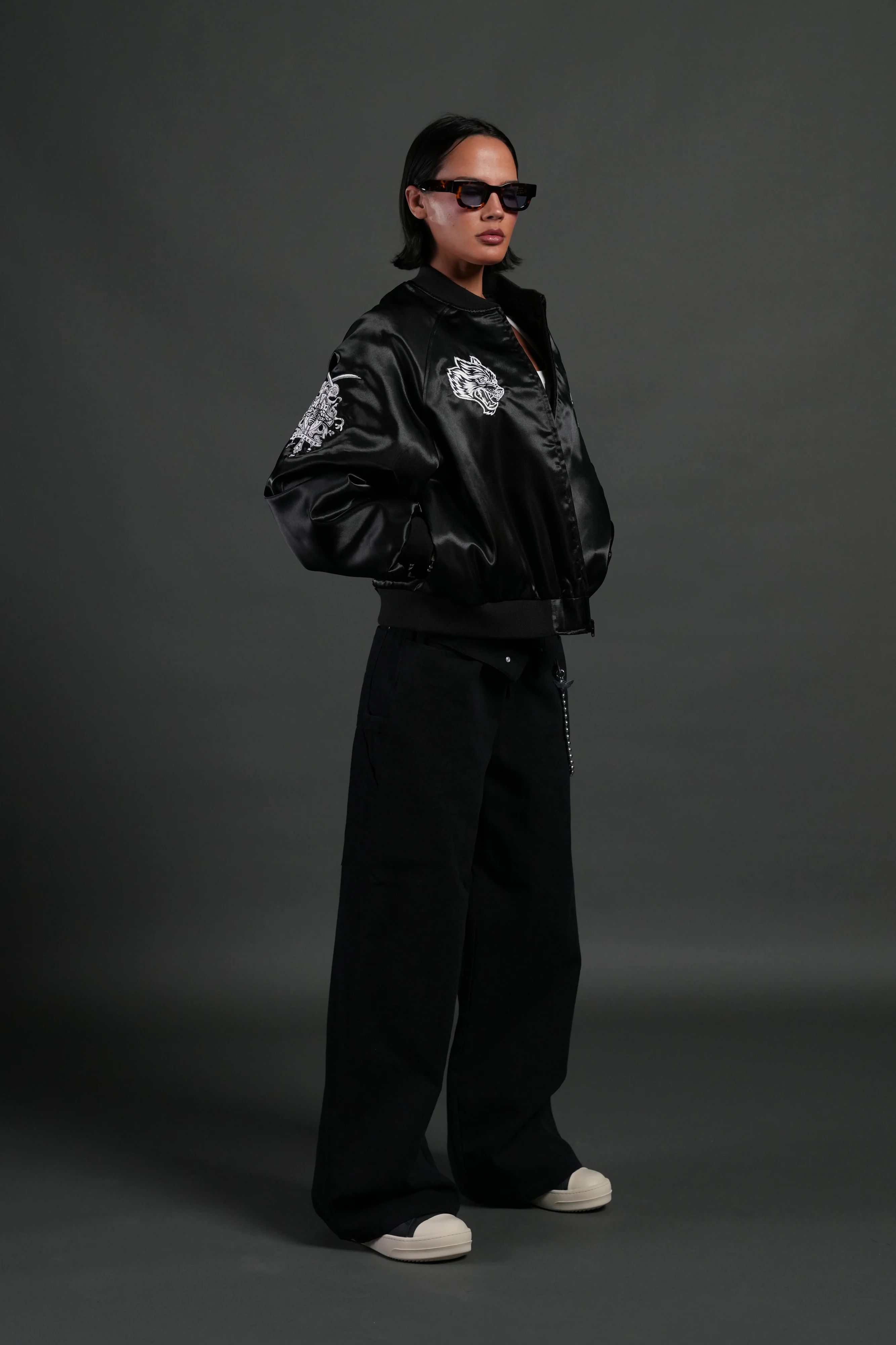 Last Love Unisex Cropped Satin Bomber Jacket in Black - Image 12