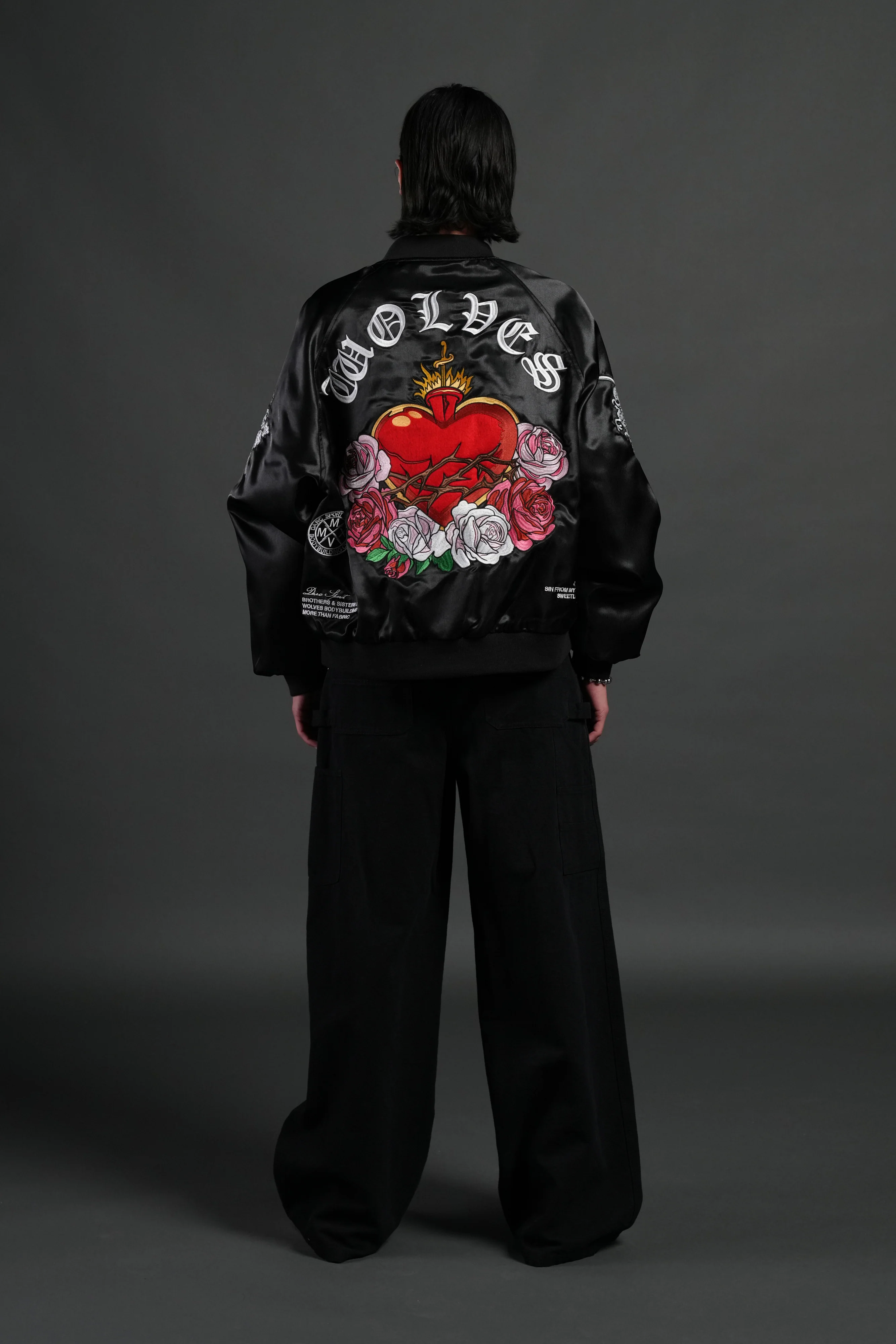 Last Love Unisex Cropped Satin Bomber Jacket in Black - Image 13