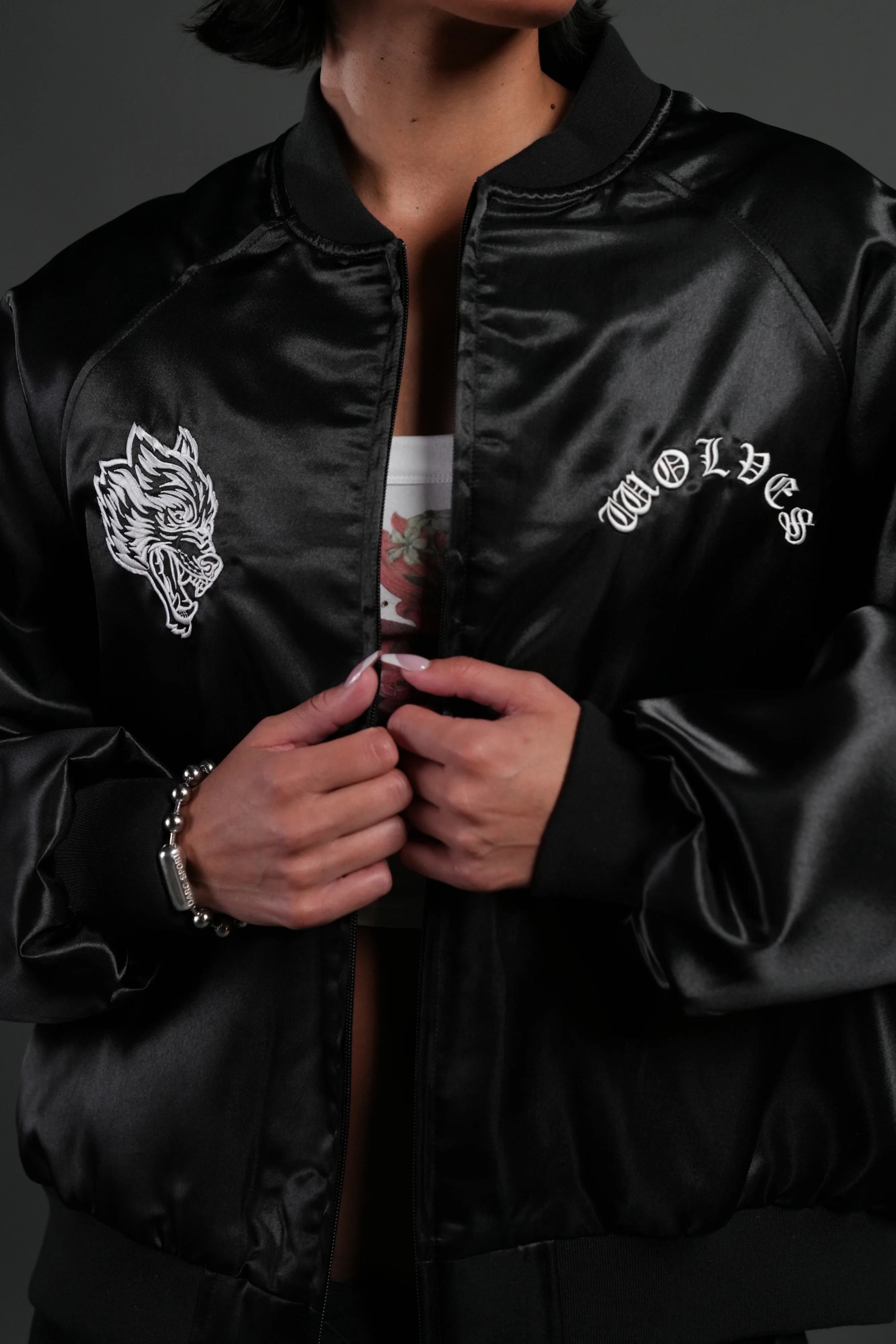 Last Love Unisex Cropped Satin Bomber Jacket in Black - Image 14