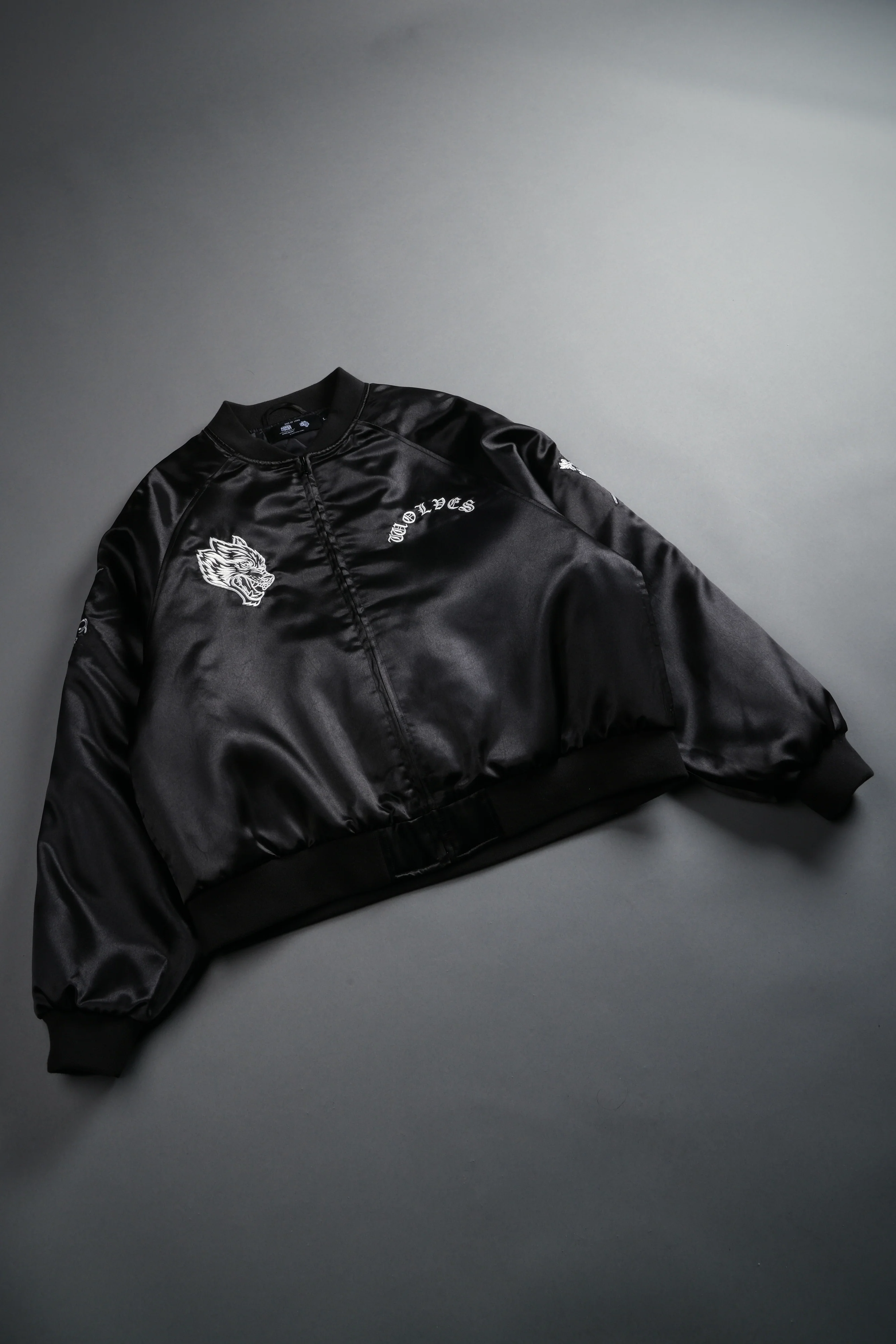 Last Love Unisex Cropped Satin Bomber Jacket in Black - Image 16