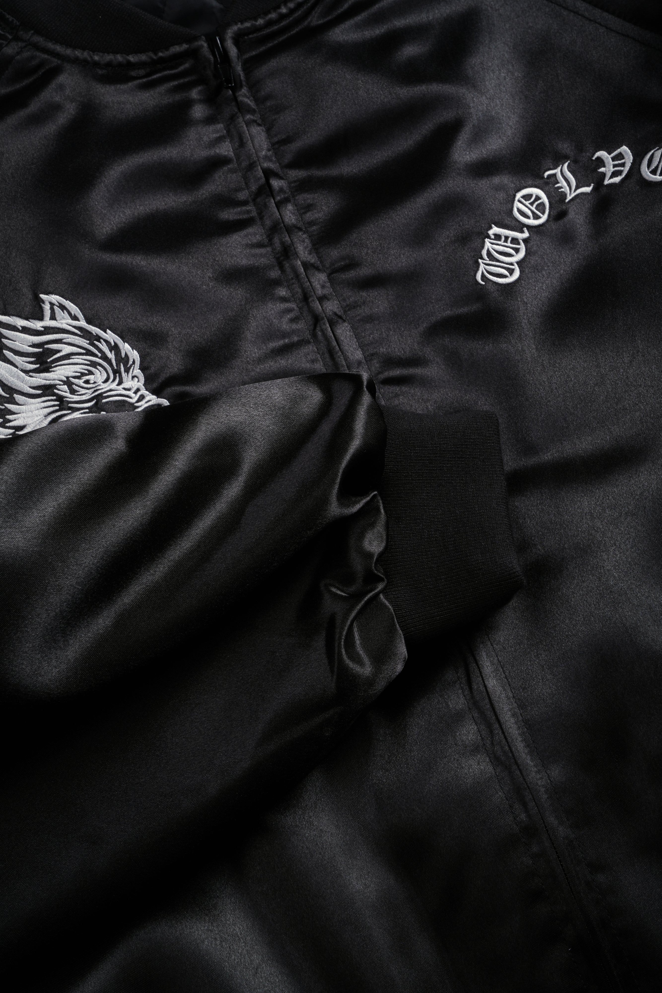 Last Love Unisex Cropped Satin Bomber Jacket in Black - Image 18
