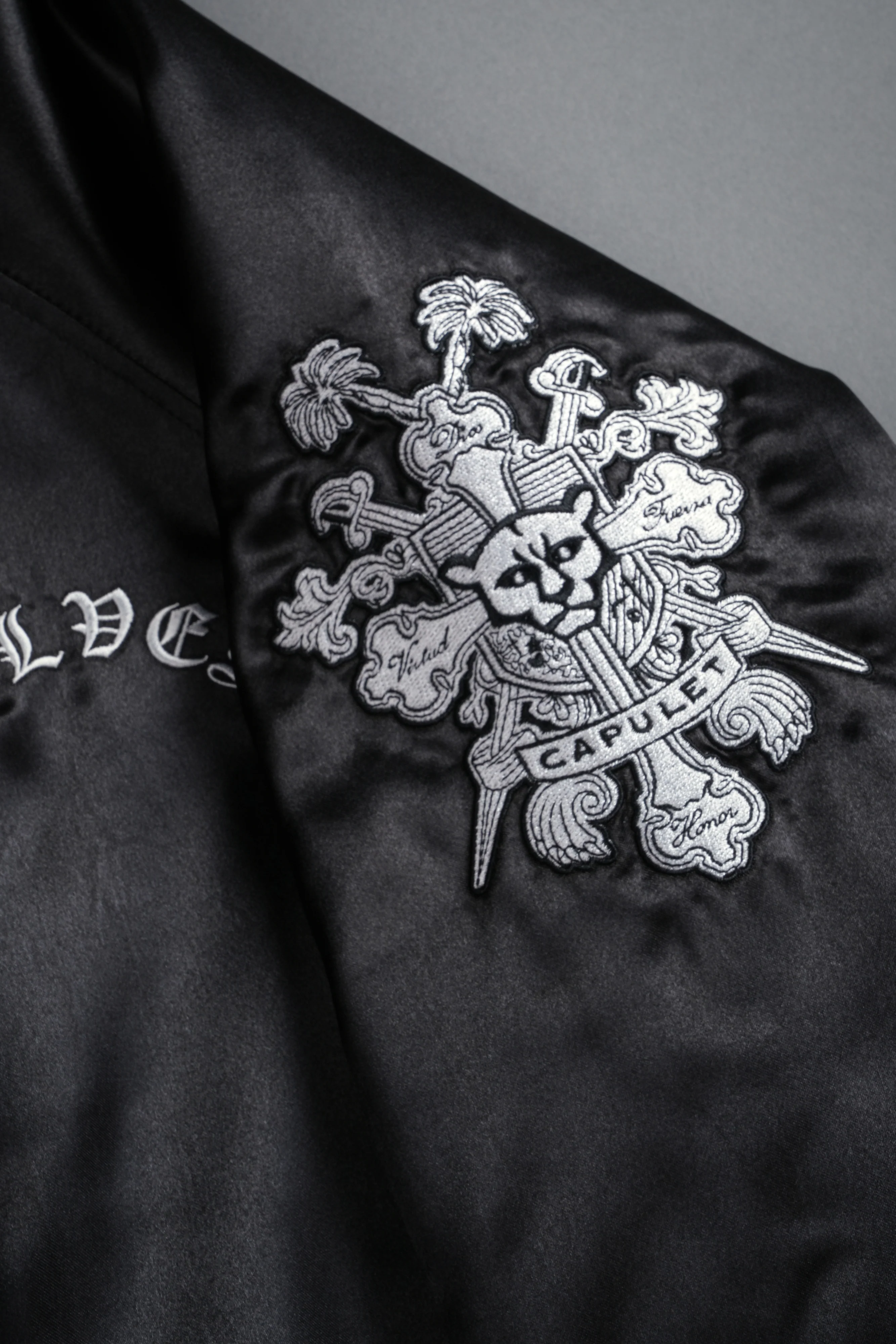Last Love Unisex Cropped Satin Bomber Jacket in Black - Image 21