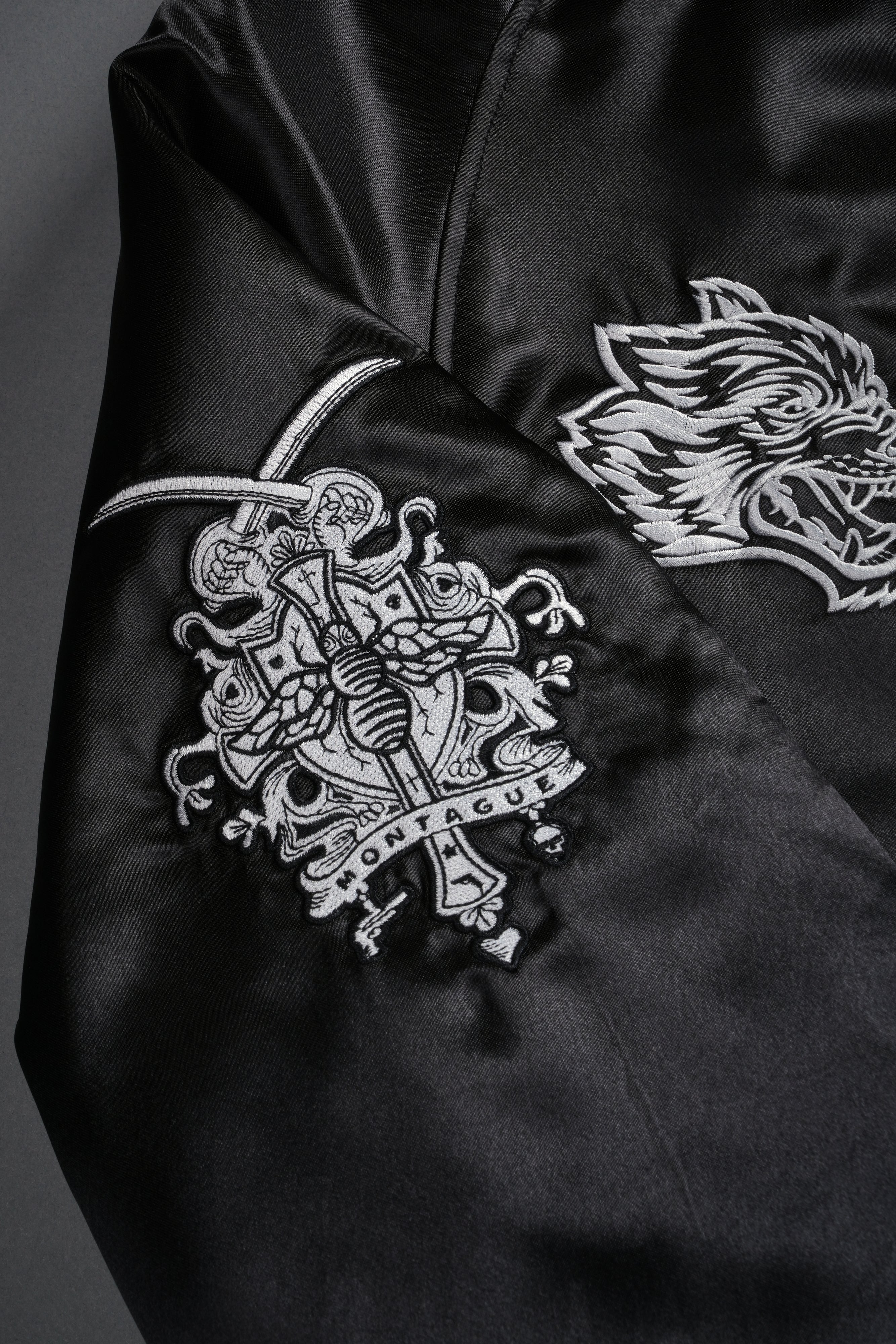 Last Love Unisex Cropped Satin Bomber Jacket in Black - Image 22