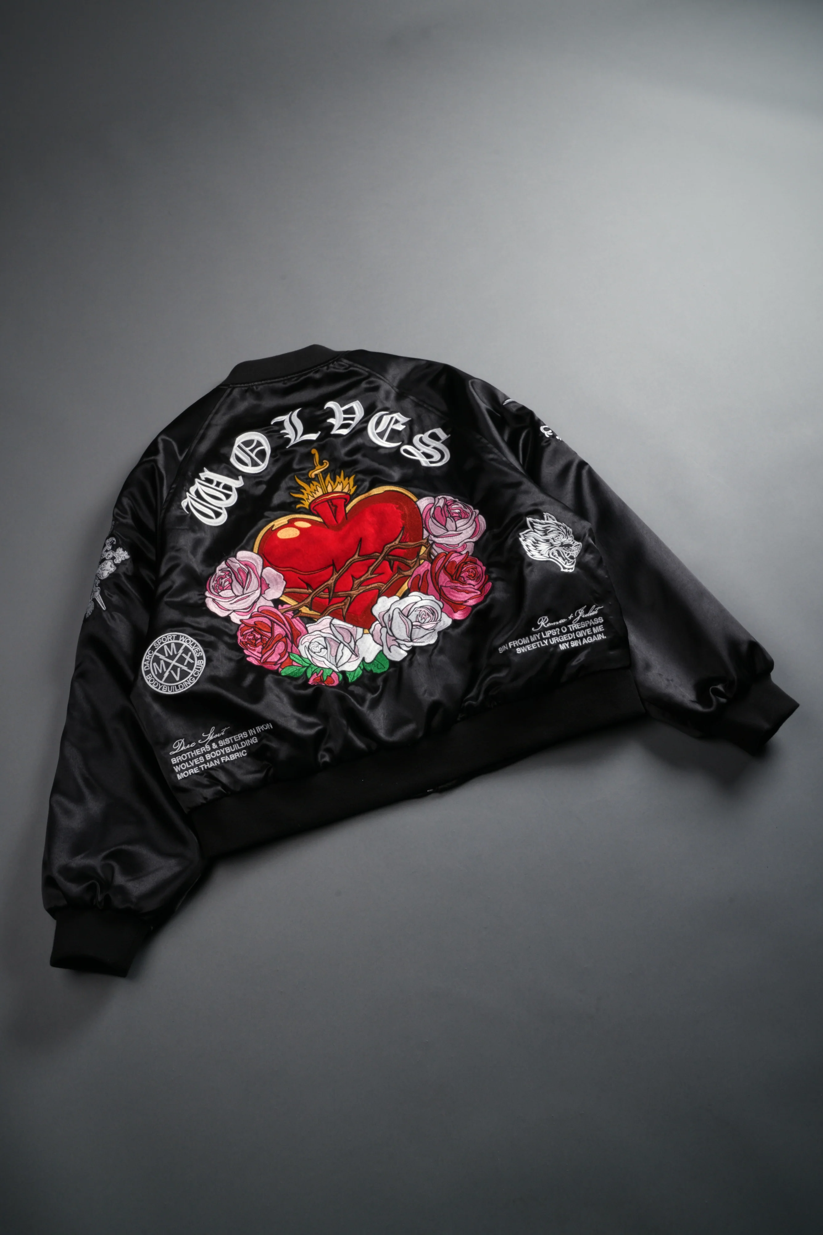 Last Love Unisex Cropped Satin Bomber Jacket in Black - Image 23