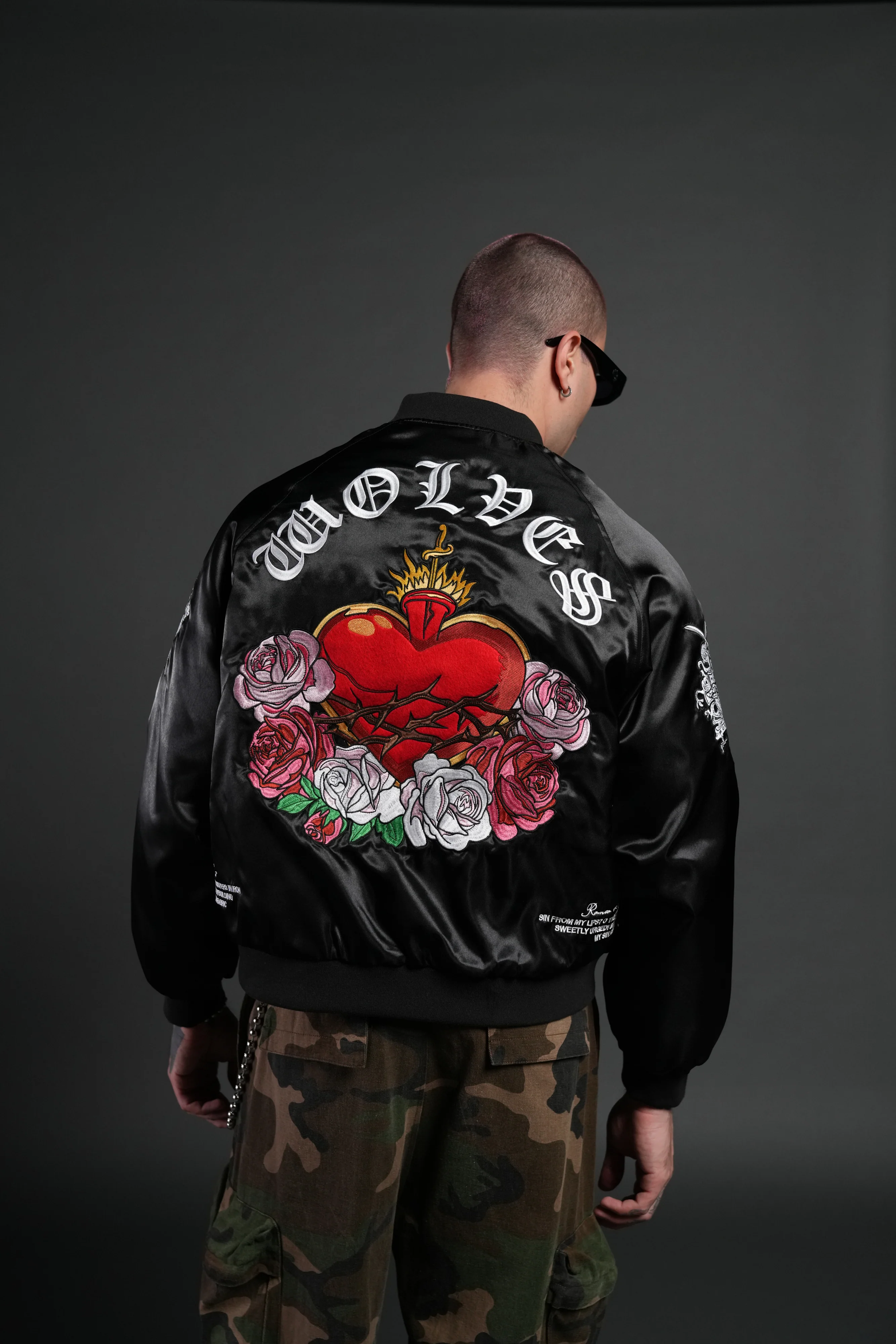 Last Love Unisex Cropped Satin Bomber Jacket in Black - Image 4