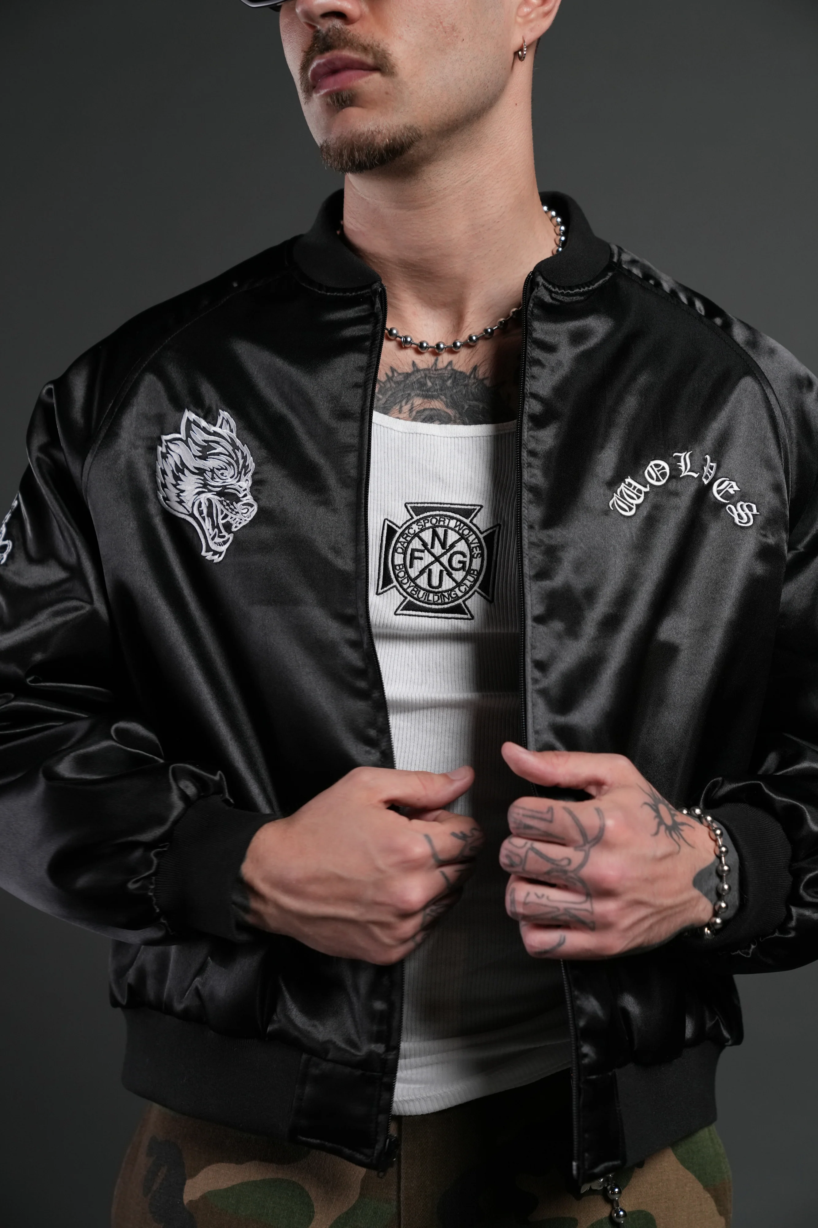 Last Love Unisex Cropped Satin Bomber Jacket in Black - Image 7