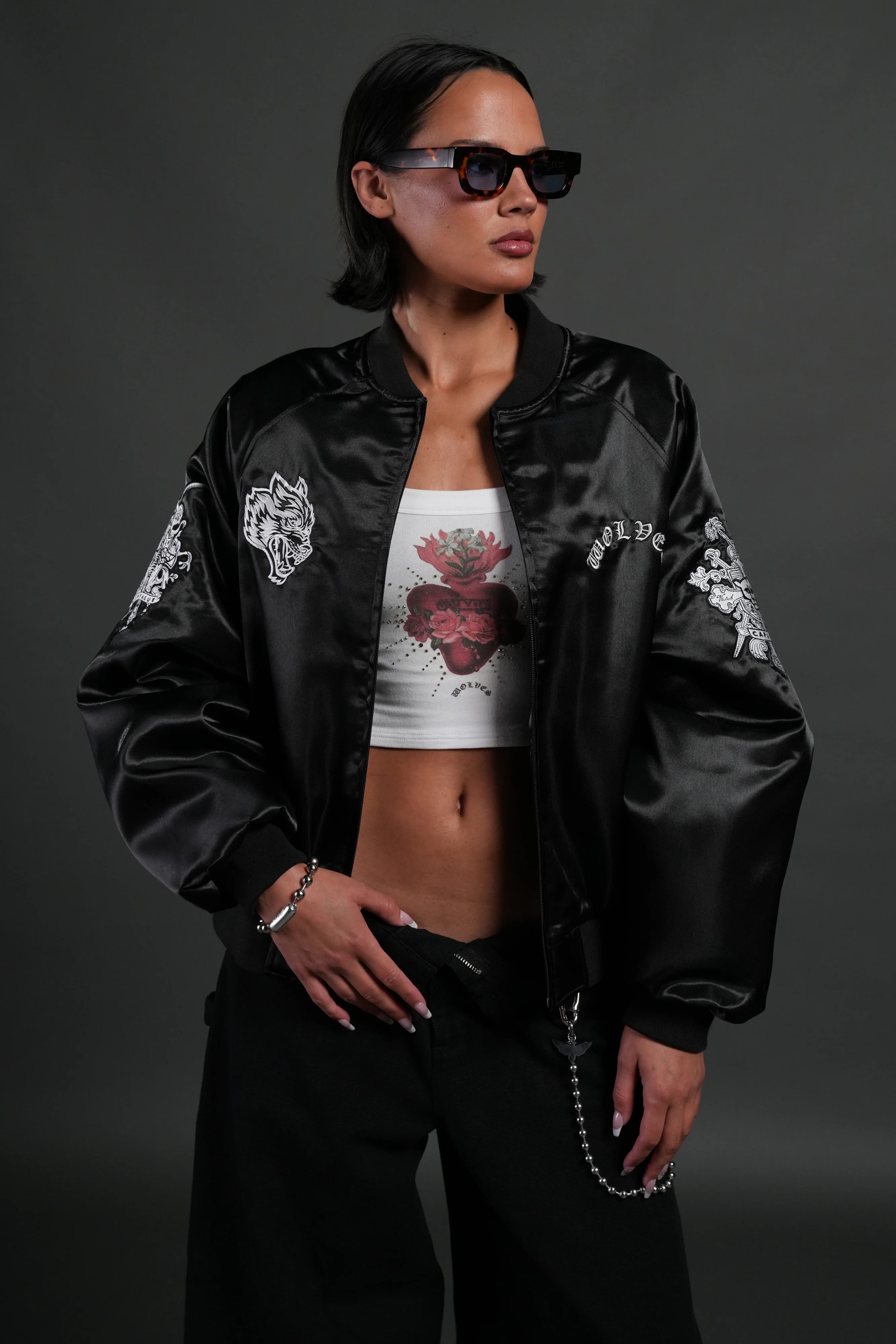 Last Love Unisex Cropped Satin Bomber Jacket in Black - Image 9