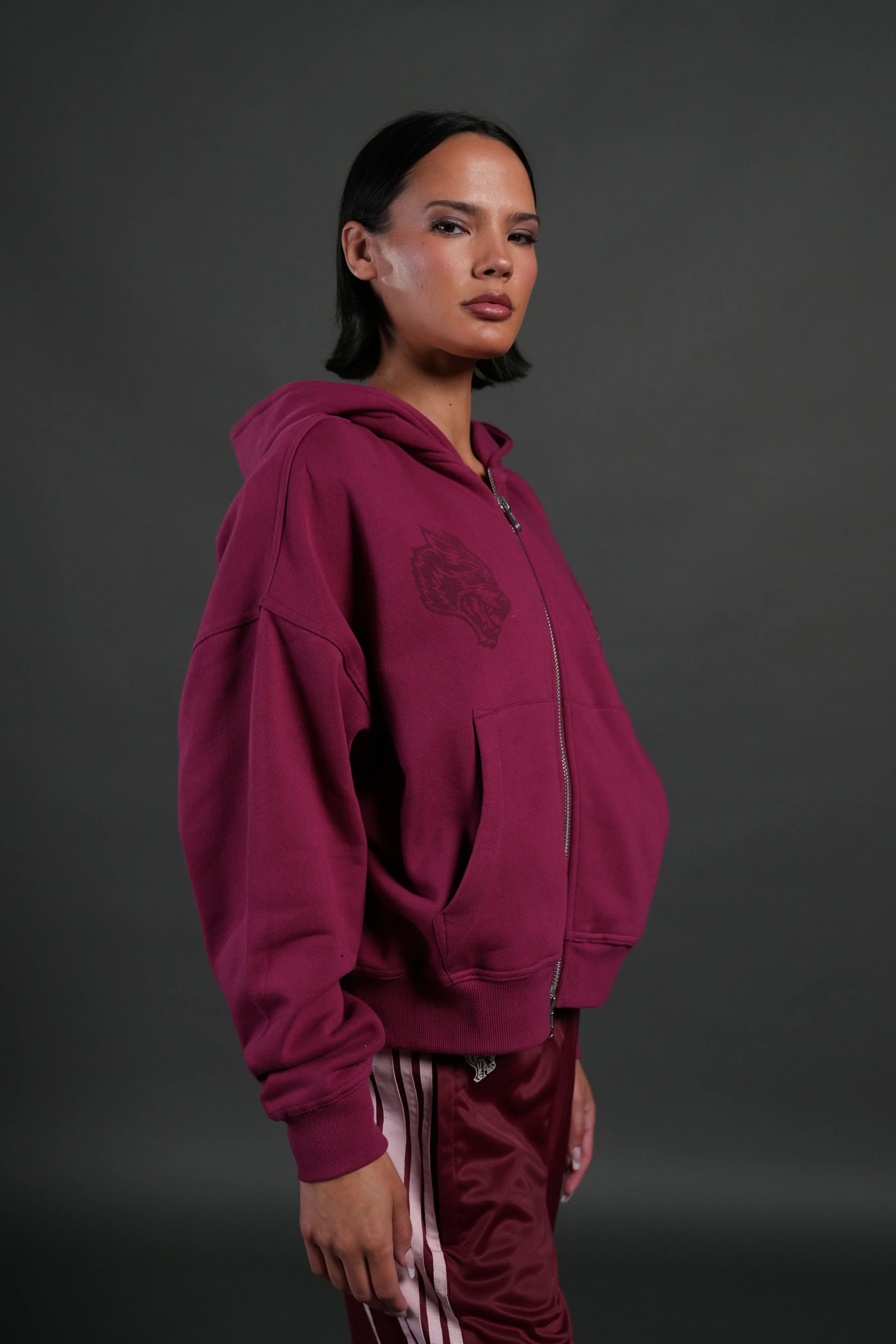Love Story Vex Double Zip Hoodie in Deep Raspberry - Image 4