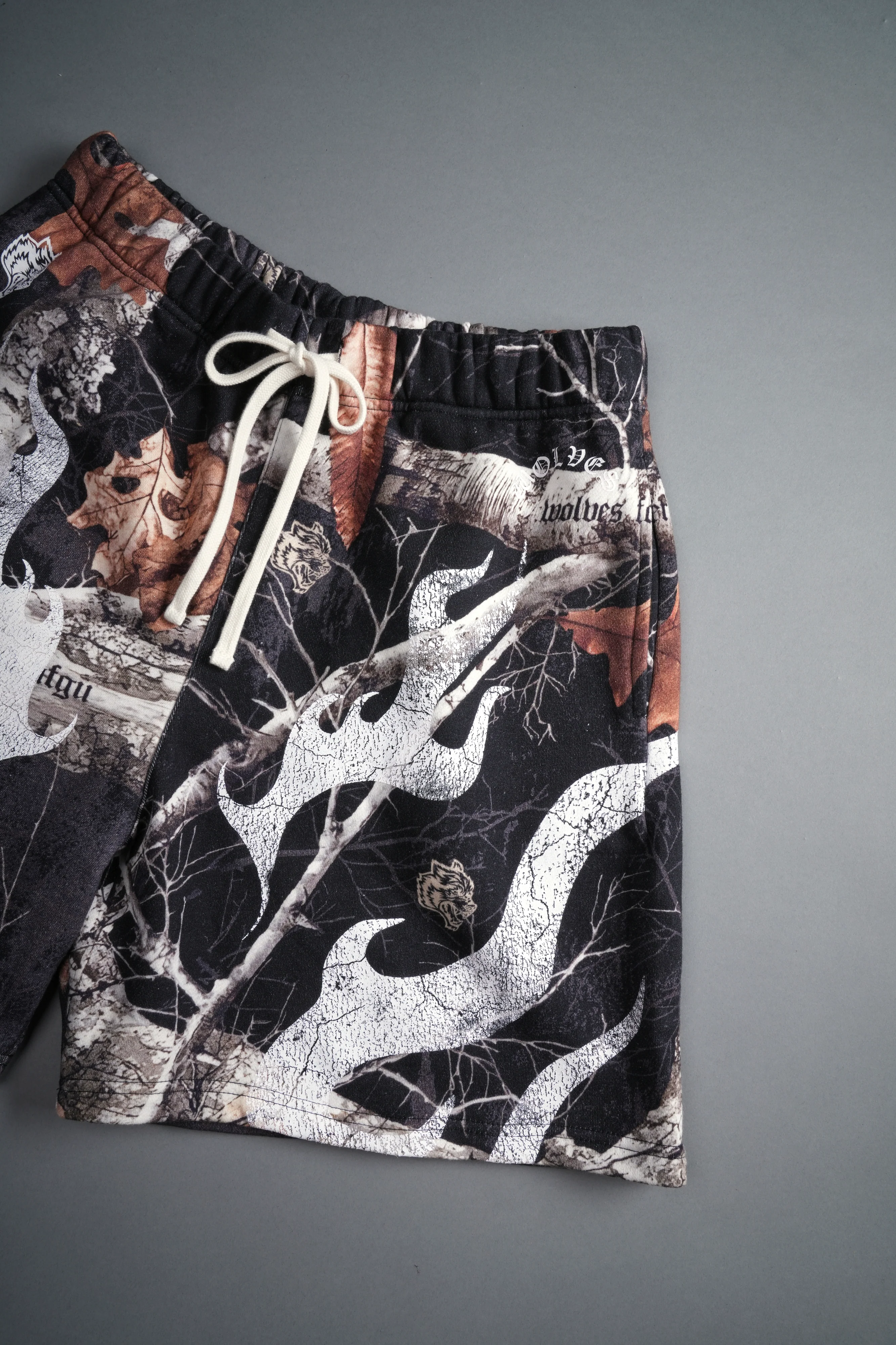 Mempo Oversized Post Lounge Sweat Shorts in Darc Woodland Camo - Image 6