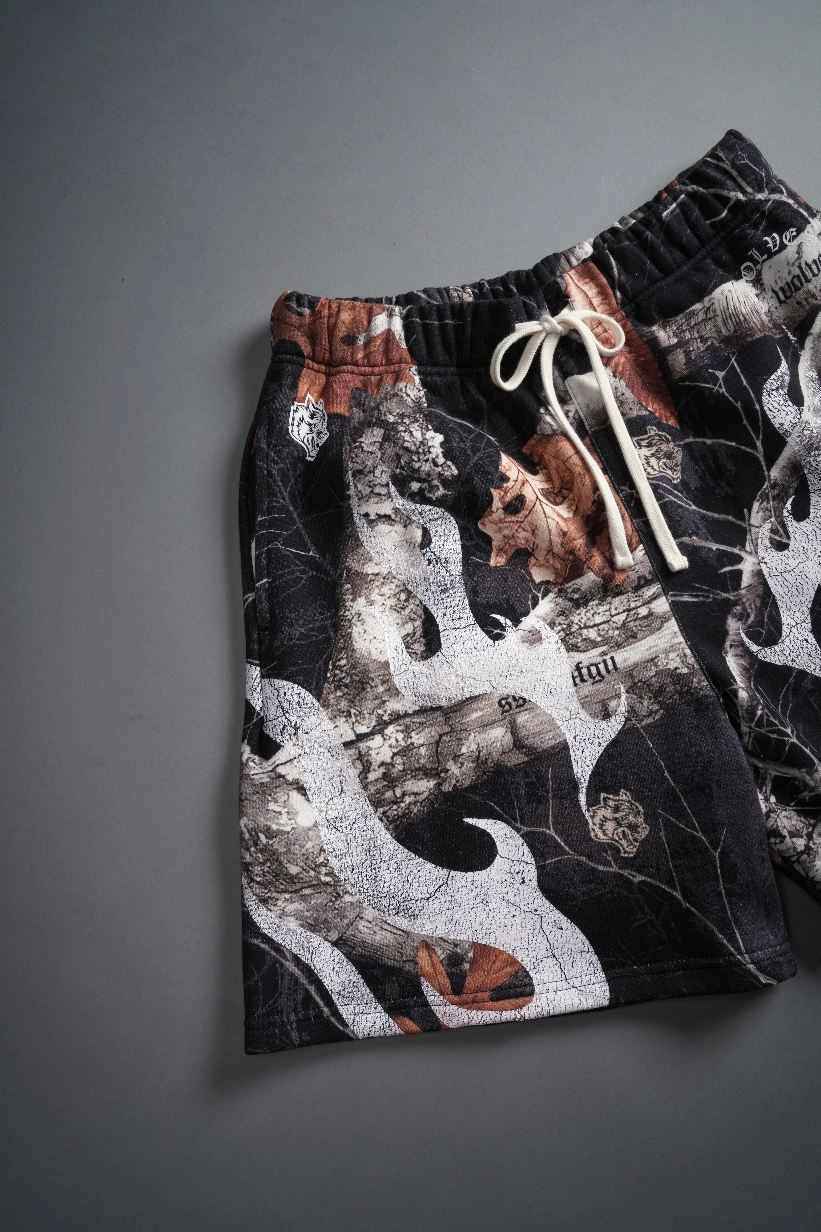 Mempo Oversized Post Lounge Sweat Shorts in Darc Woodland Camo - Image 8