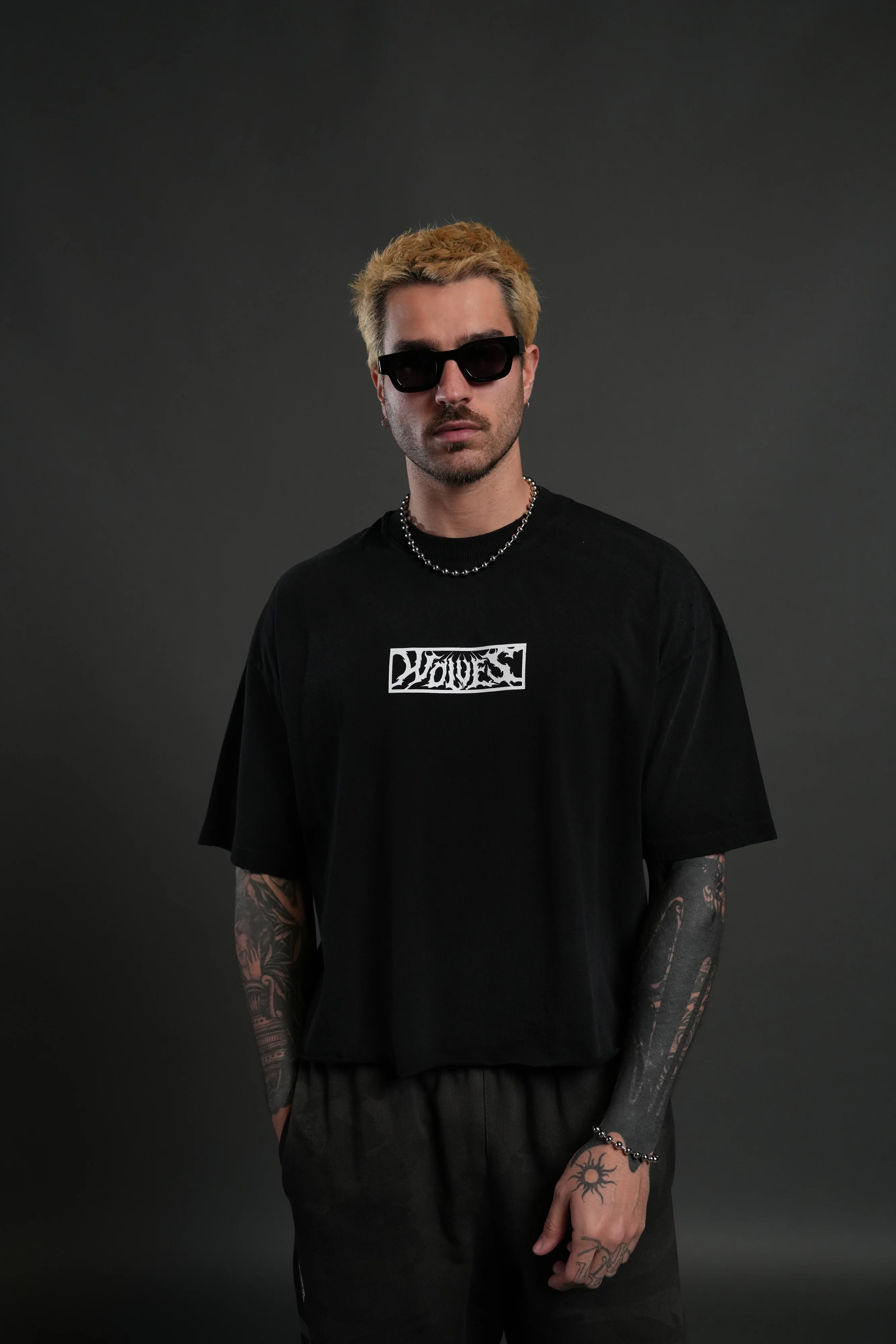 Midnight Wolves Distressed Grunge "Box Cut" Tee V2 in Black Drift Wash - Image 4