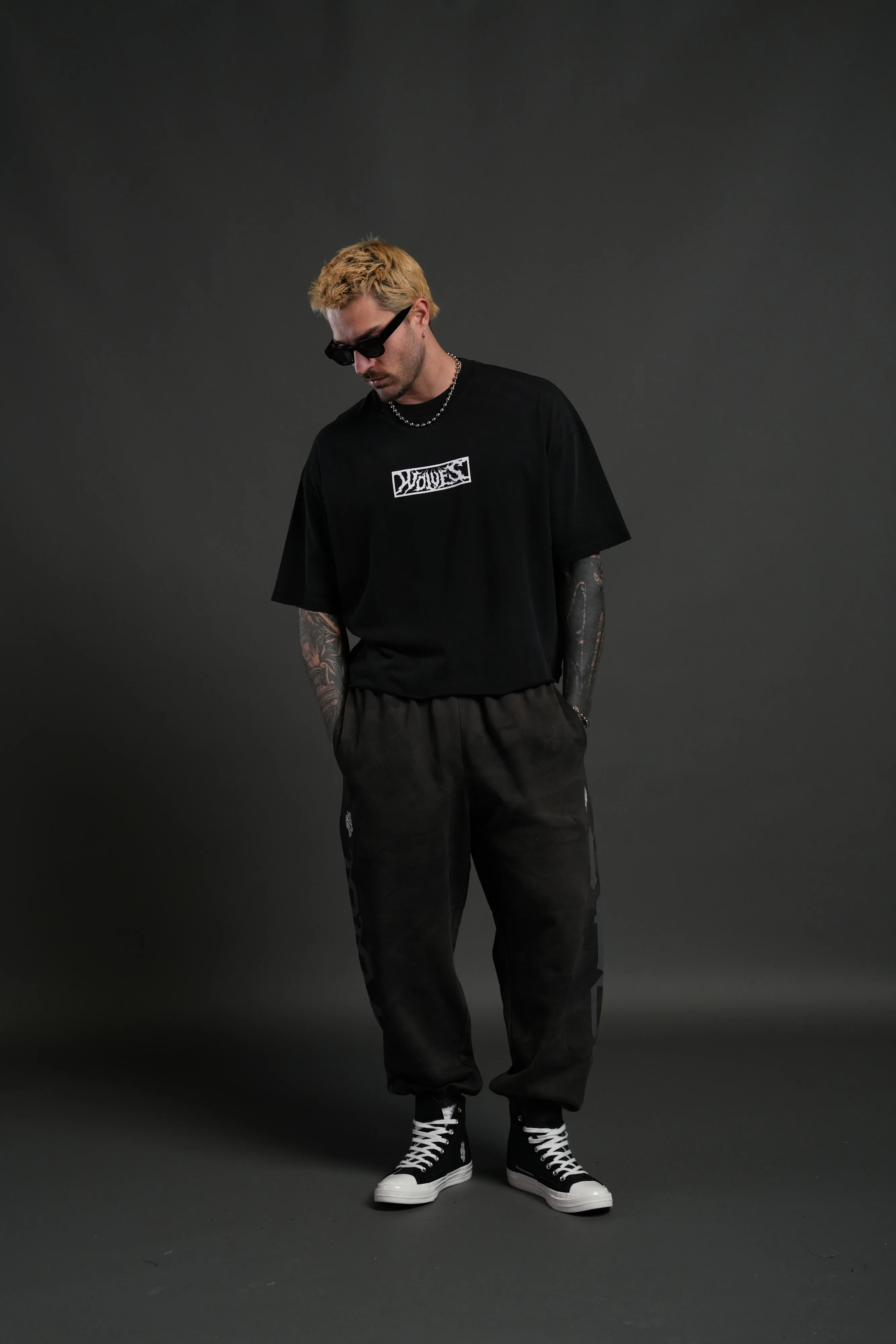 Midnight Wolves Distressed Grunge "Box Cut" Tee V2 in Black Drift Wash - Image 5