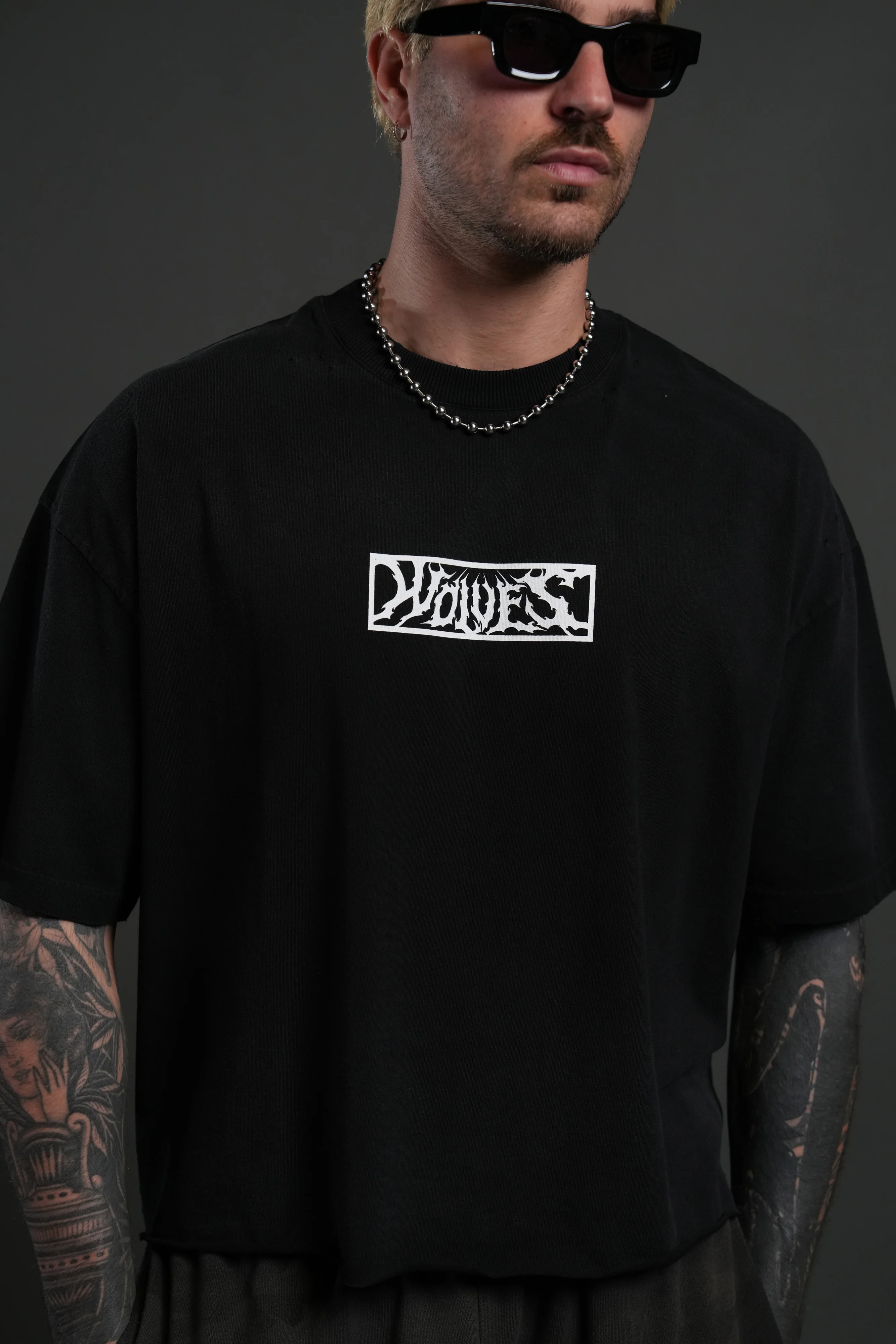 Midnight Wolves Distressed Grunge "Box Cut" Tee V2 in Black Drift Wash - Image 7