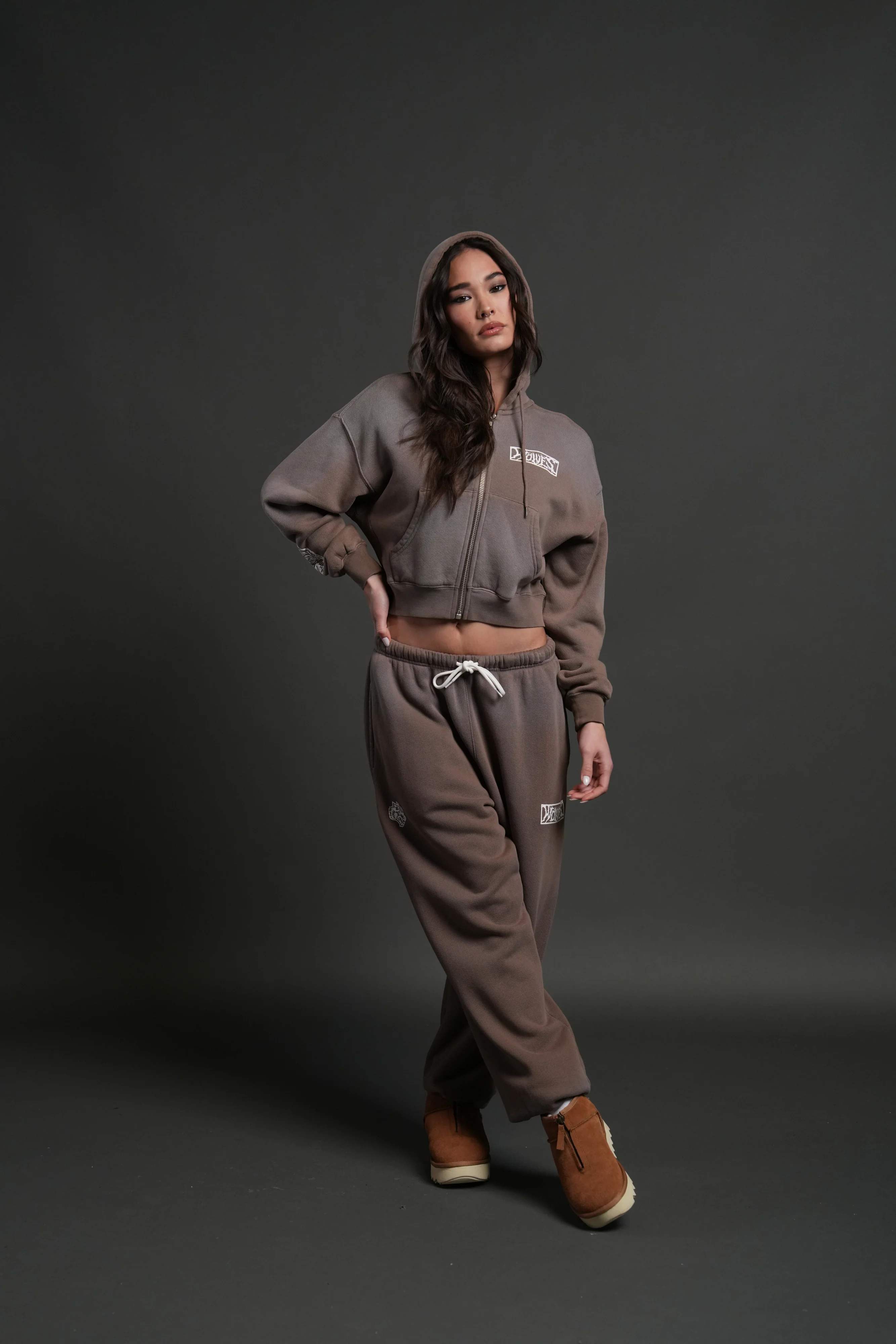 Midnight Wolves "Sage" Cropped Zip Hoodie in Mojave Brown Drift Wash - Image 3