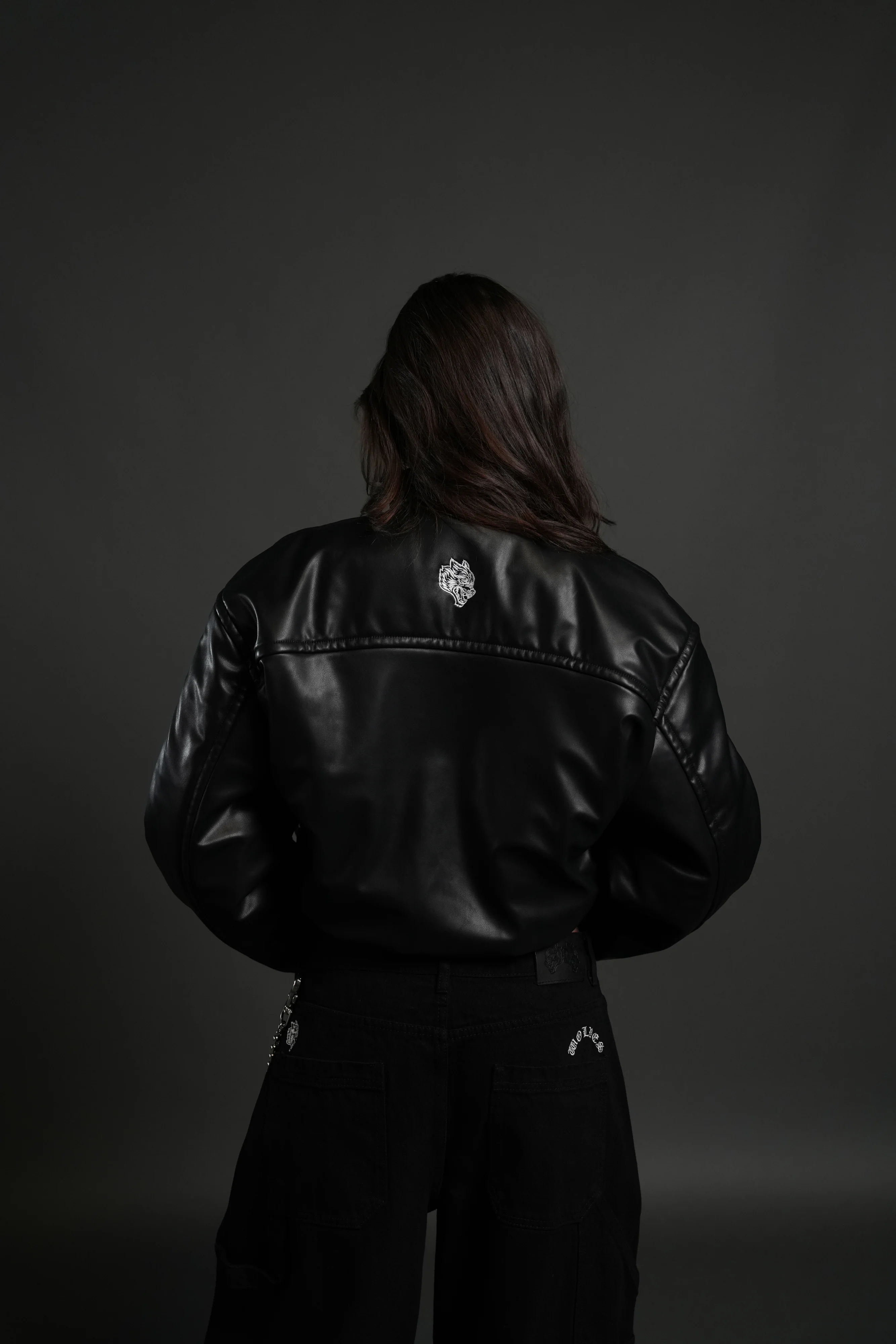 Midnight Wolves Sofia Faux Leather Bomber Jacket in Black - Image 2