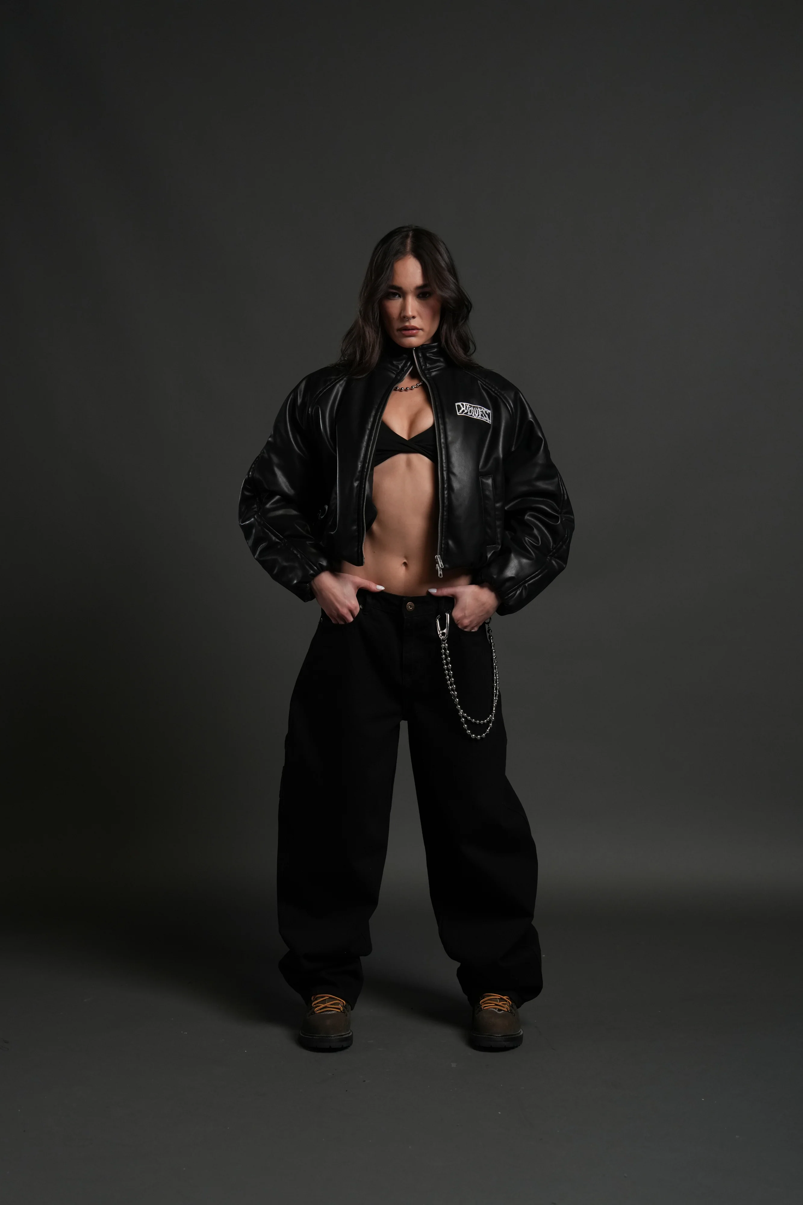 Midnight Wolves Sofia Faux Leather Bomber Jacket in Black - Image 3