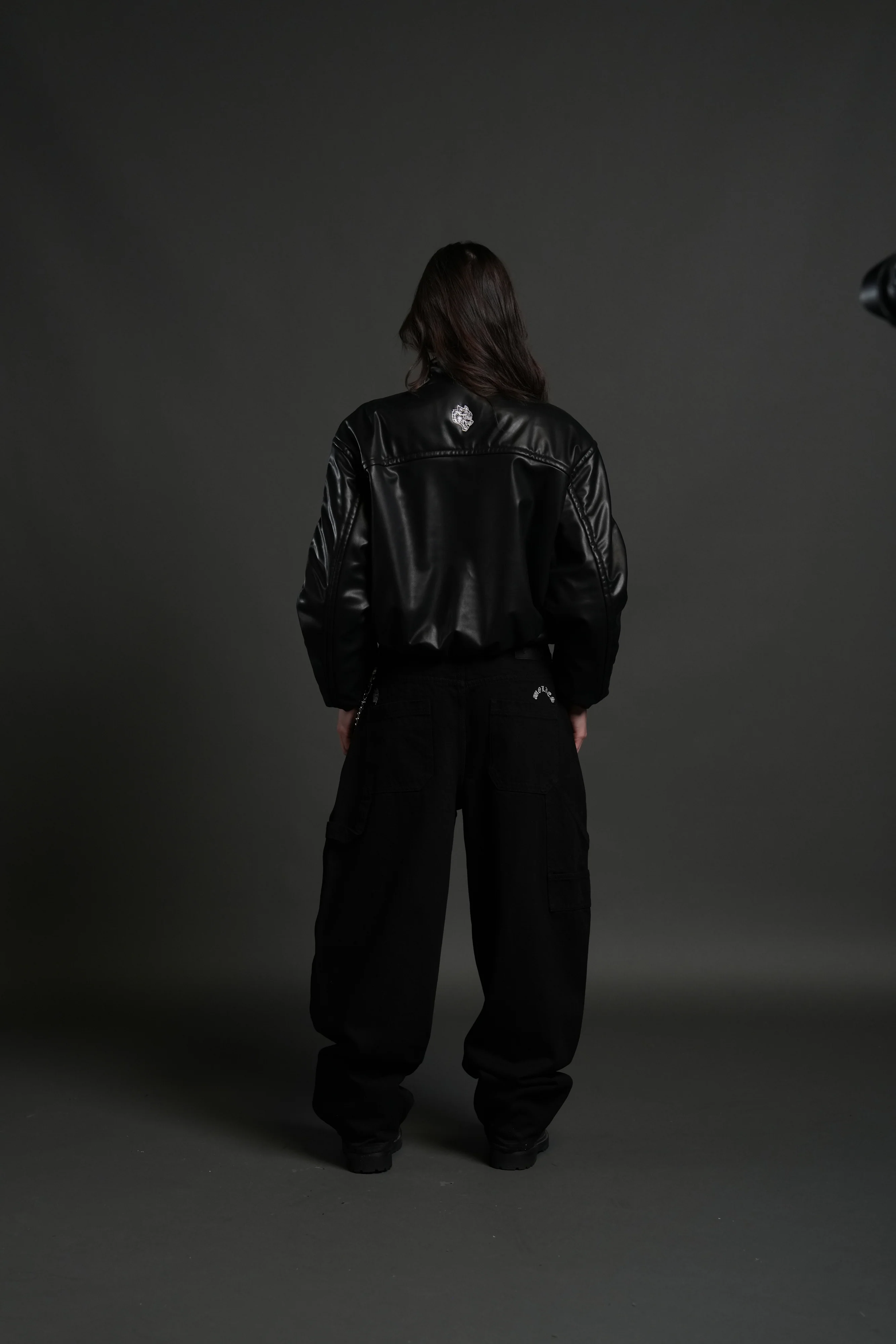 Midnight Wolves Sofia Faux Leather Bomber Jacket in Black - Image 4