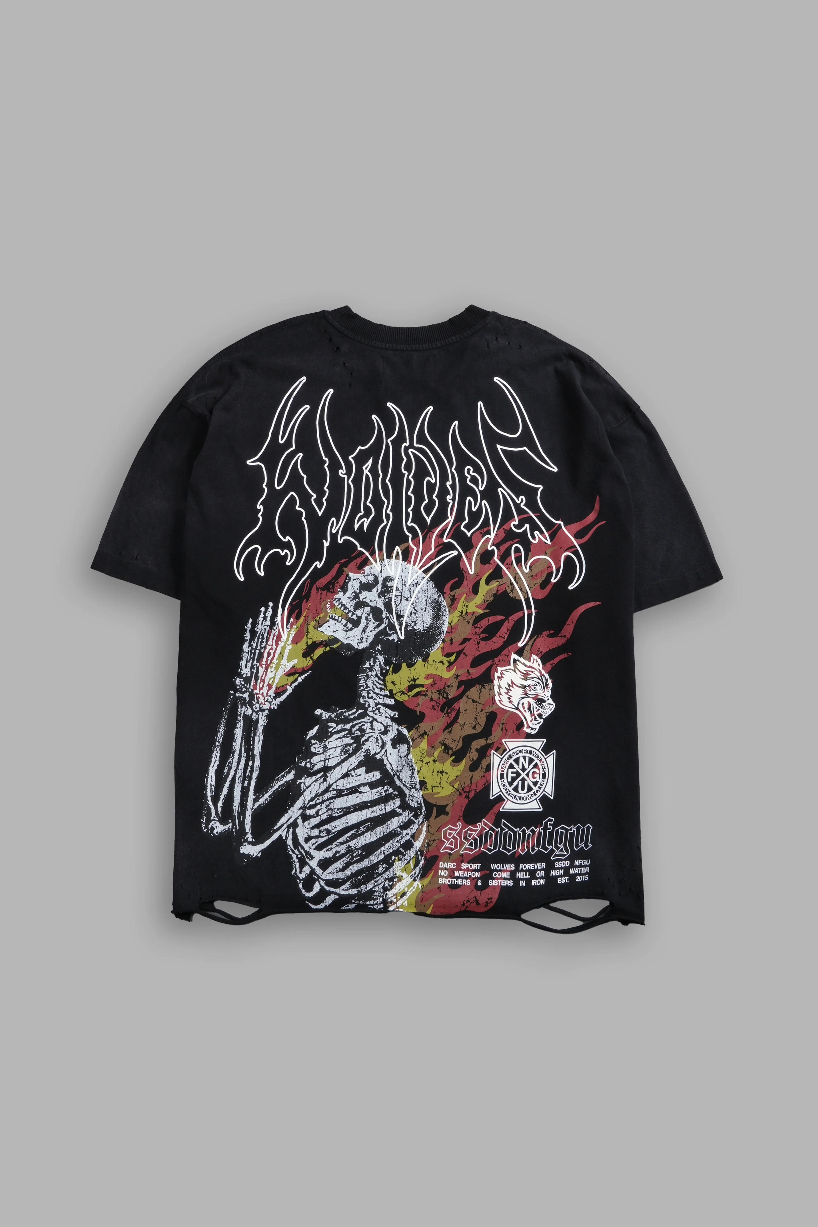 Mori Flames Distressed Grunge Tee in Black Drift Wash