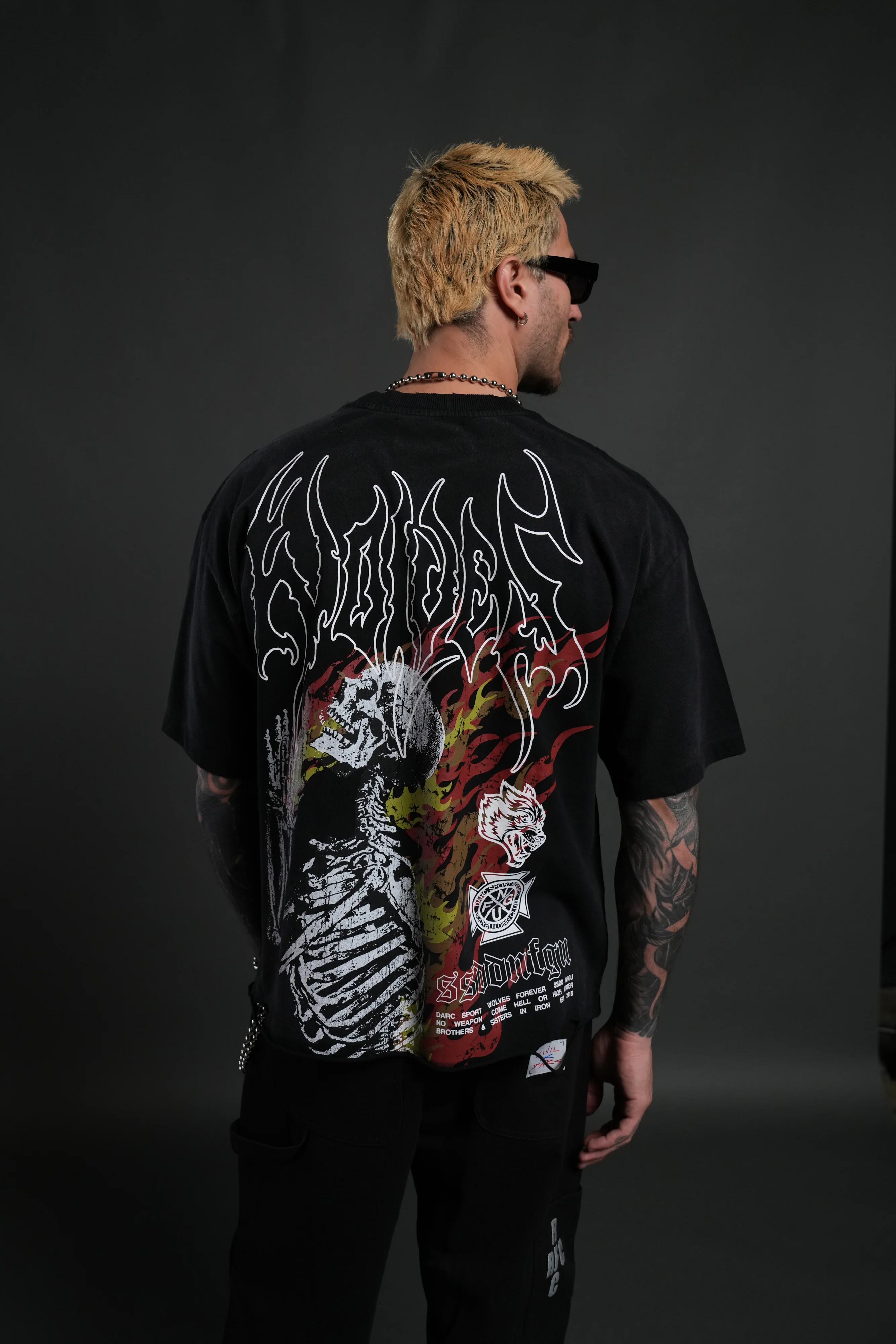 Mori Flames Distressed Grunge Tee in Black Drift Wash - Image 4