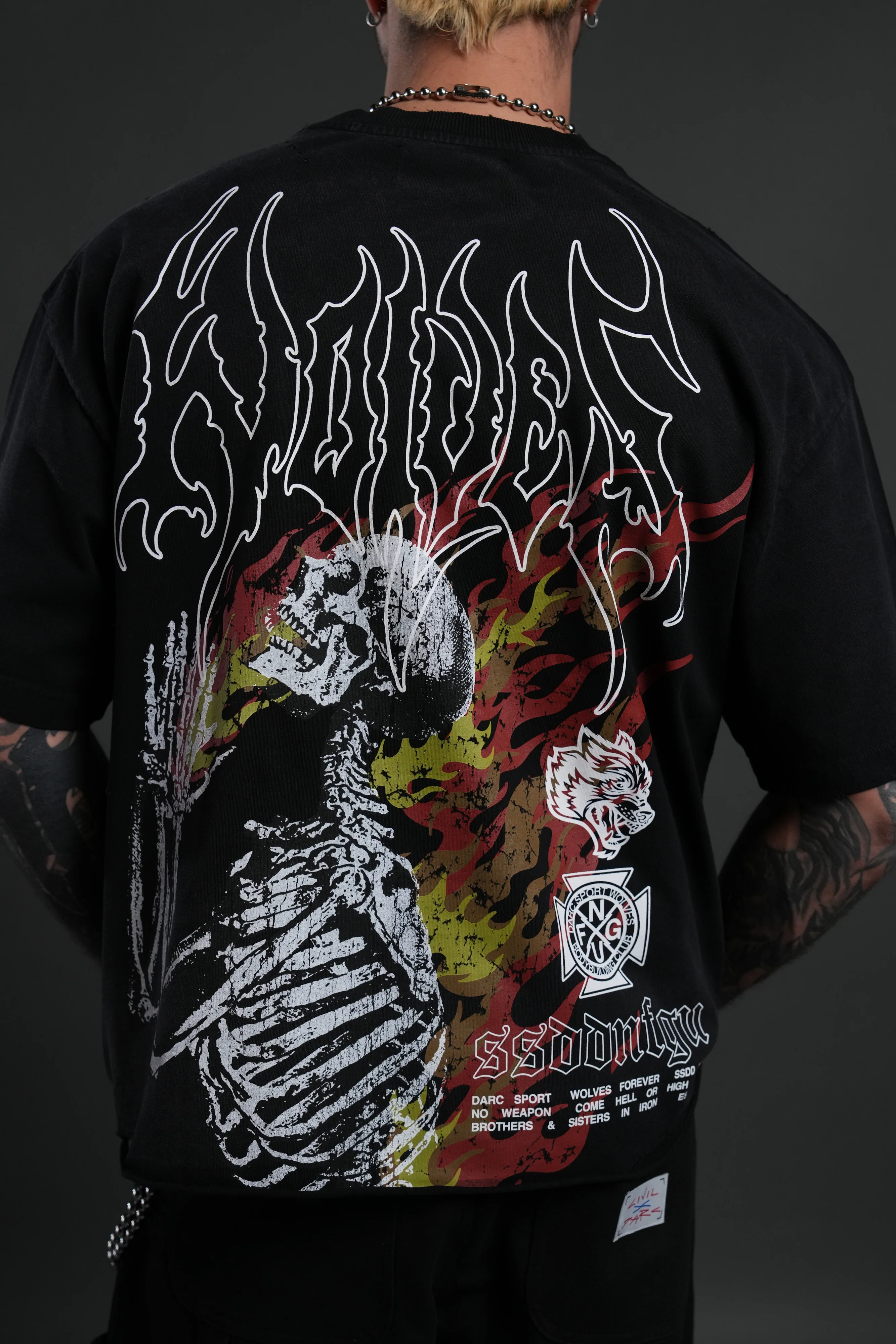 Mori Flames Distressed Grunge Tee in Black Drift Wash - Image 8