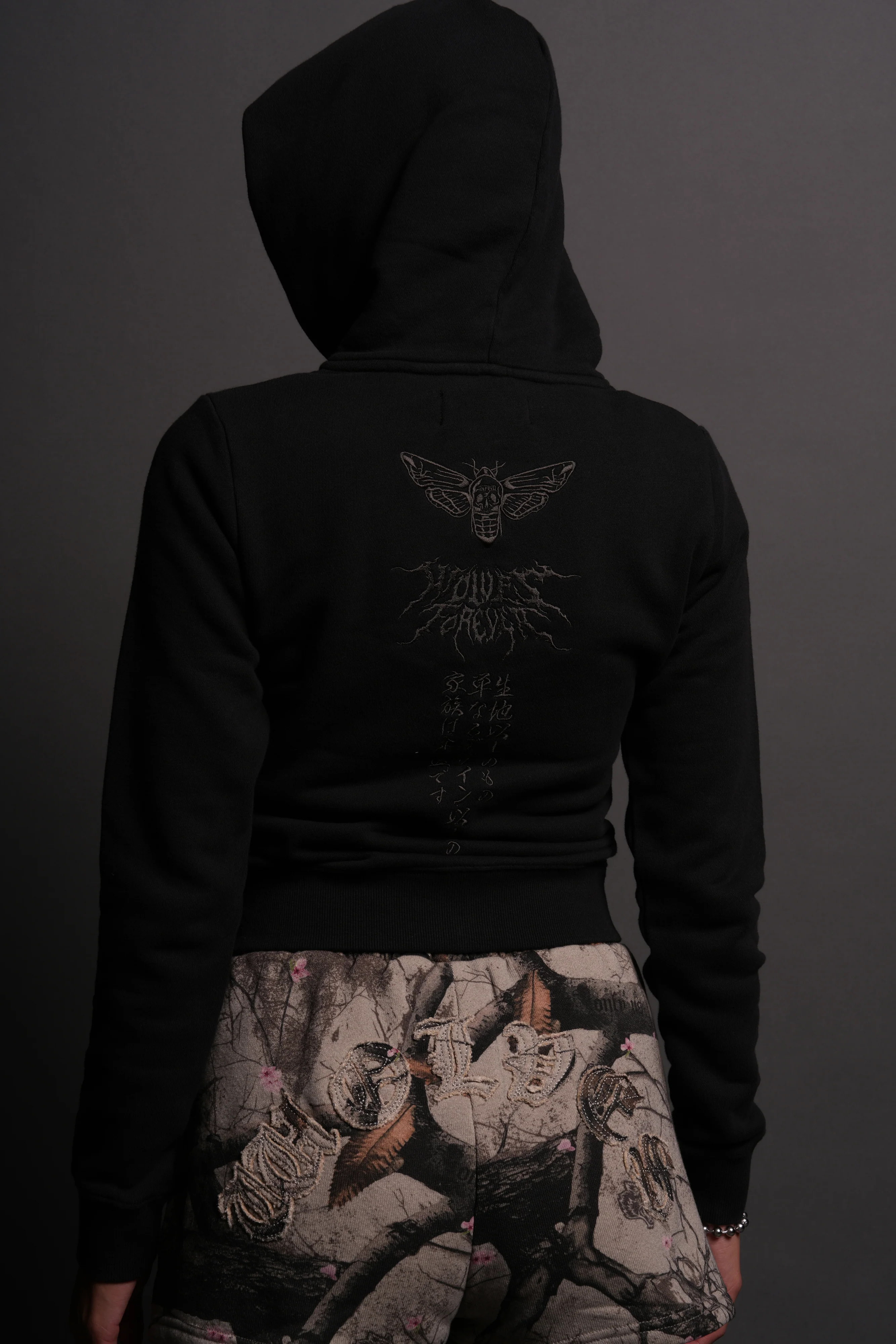 Moth Kanji "Iris" Zip Up Hoodie in Black - Image 2