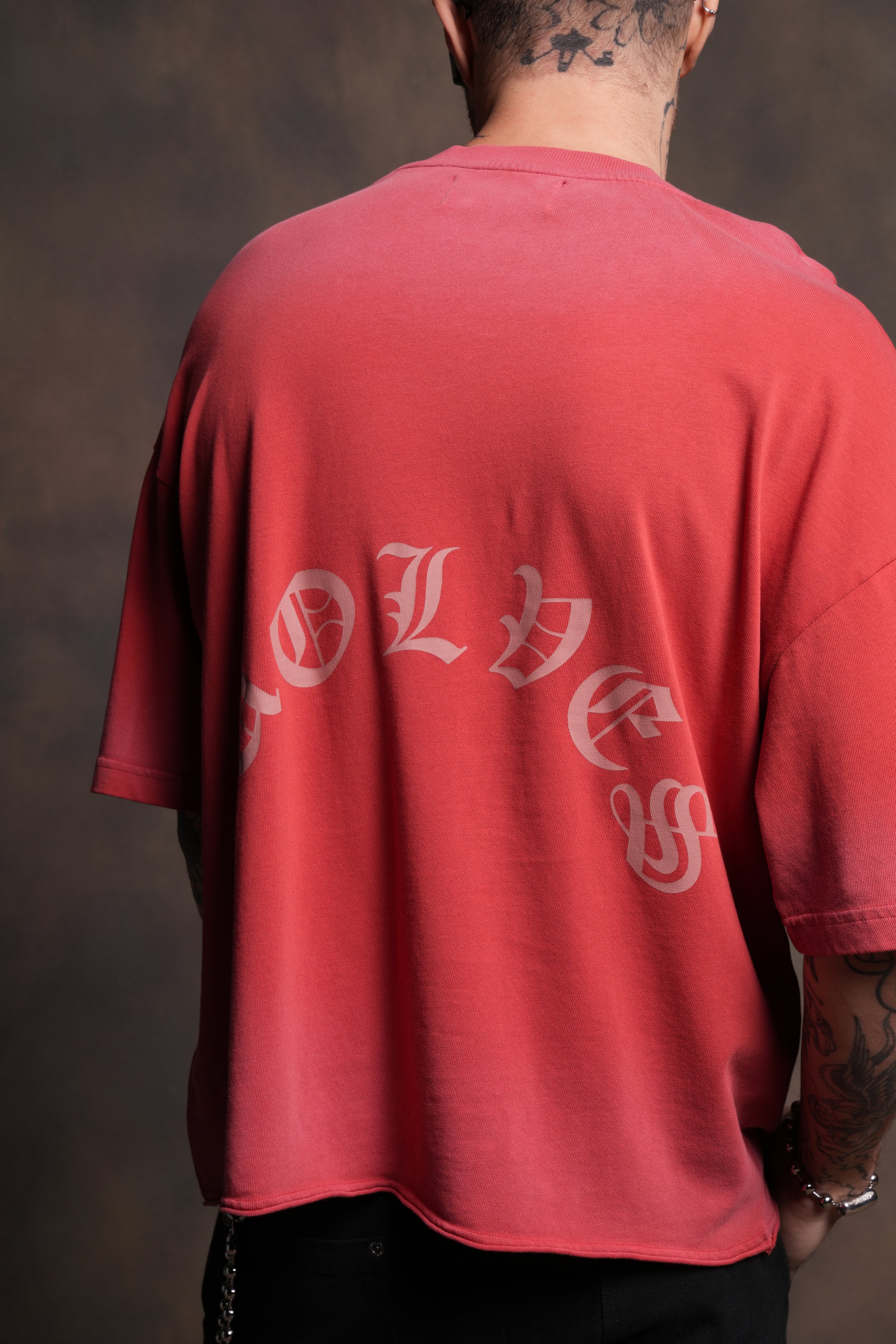 Our Clubs Premium Unisex Raw Hem "Box Cut" Tee in Roman Red Drift Wash - Image 6