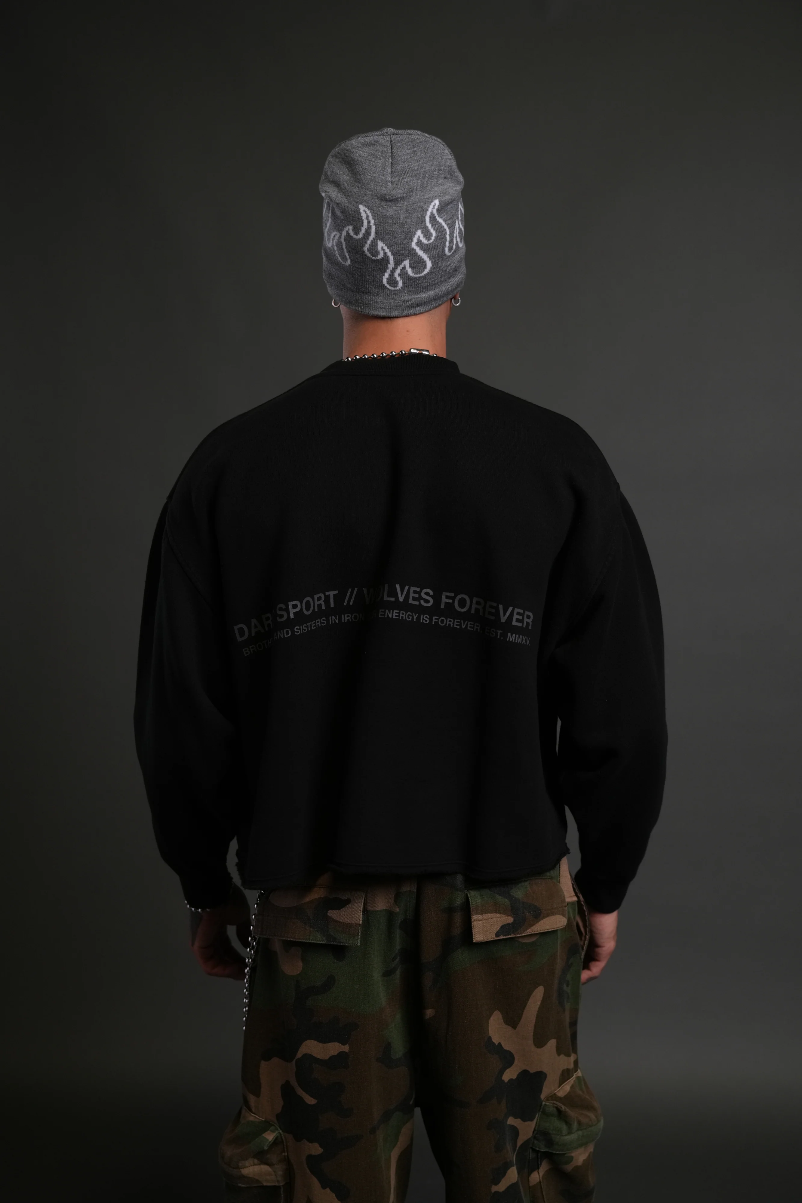 Pyramid Wolves Raw Hem "Box Cut" Crewneck in Black - Image 2