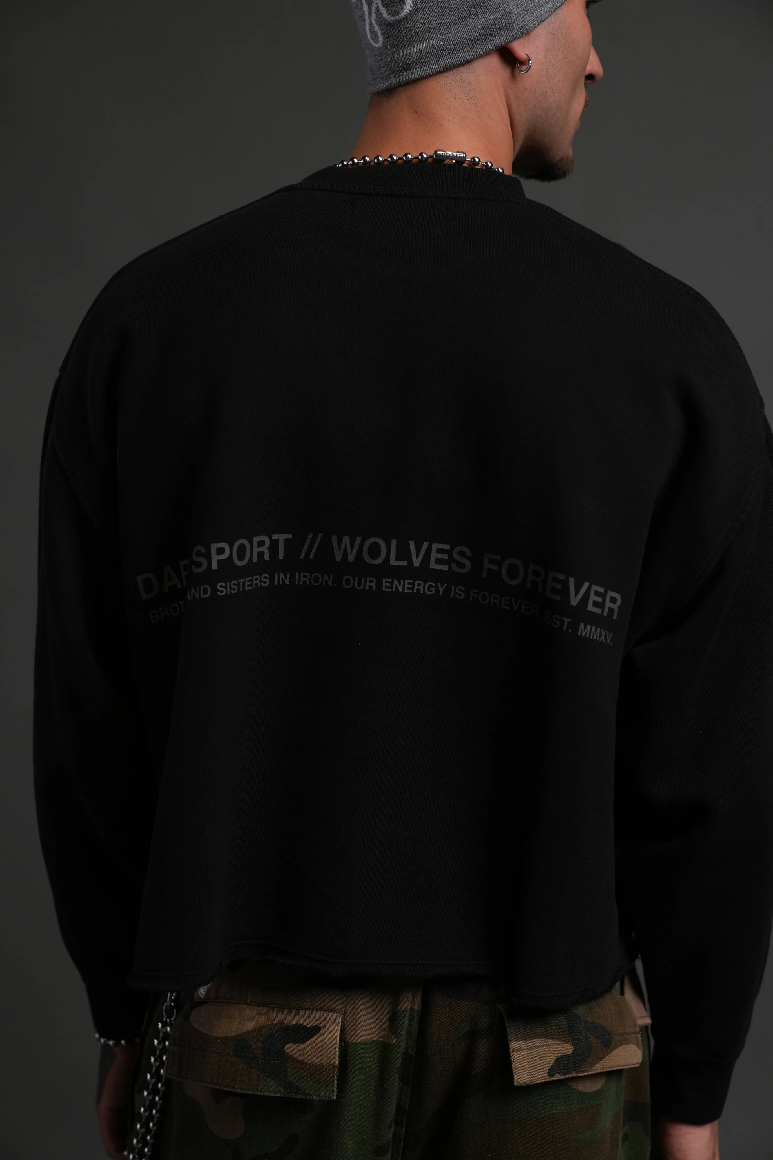 Pyramid Wolves Raw Hem "Box Cut" Crewneck in Black - Image 8